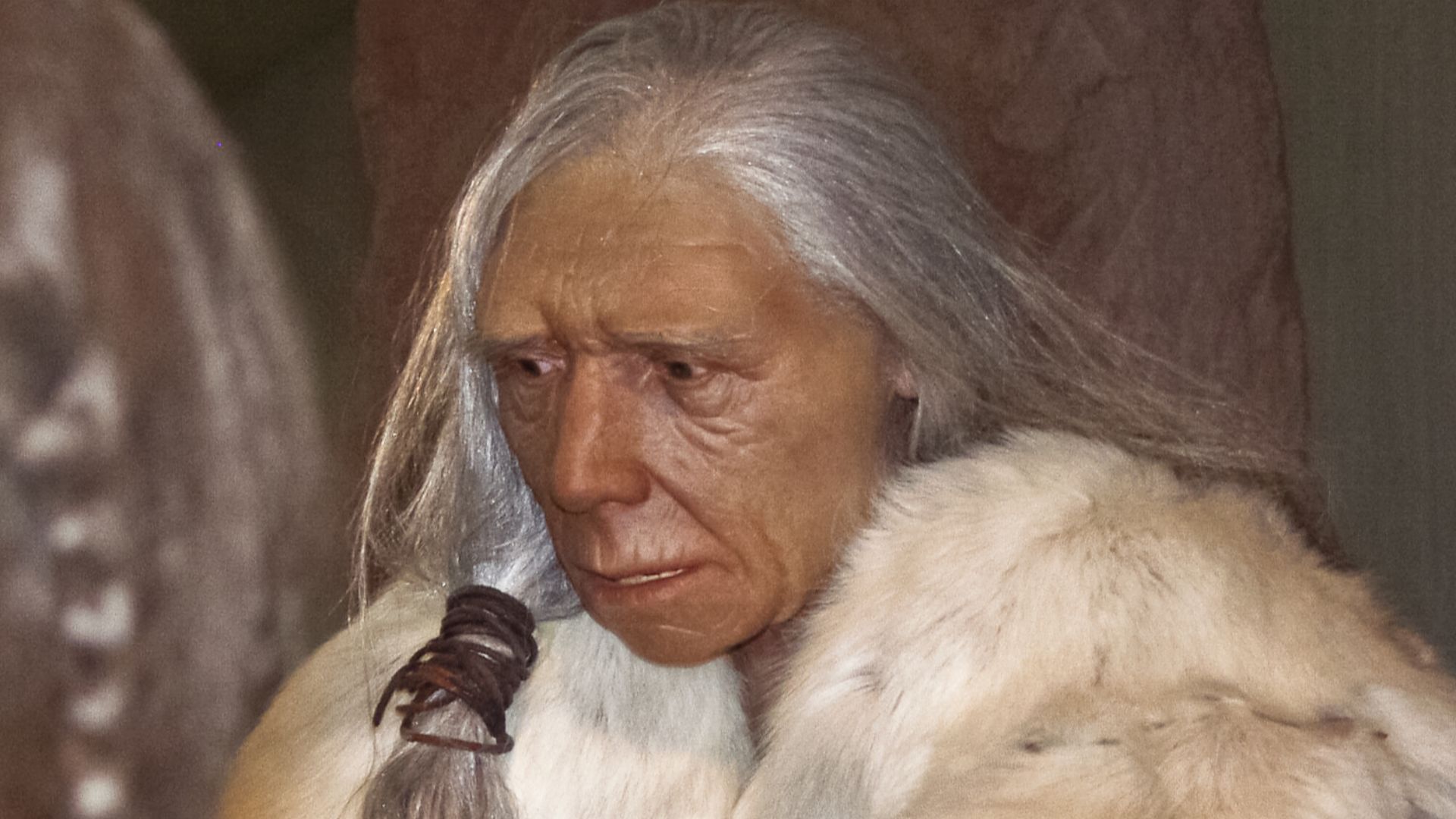 Figürliche Darstellung einer alten Neandertaler-Frau im Neandertal-Museum, Erkrath