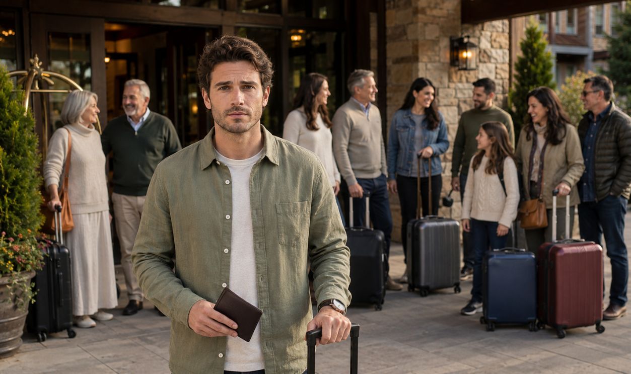 frustrated and disappointed man on vacation, with family in background