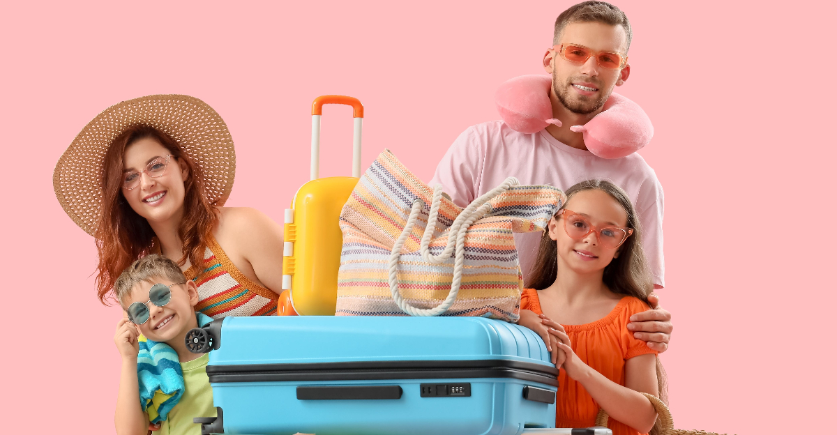 Family of tourists with suitcases and beach accessories on pink background