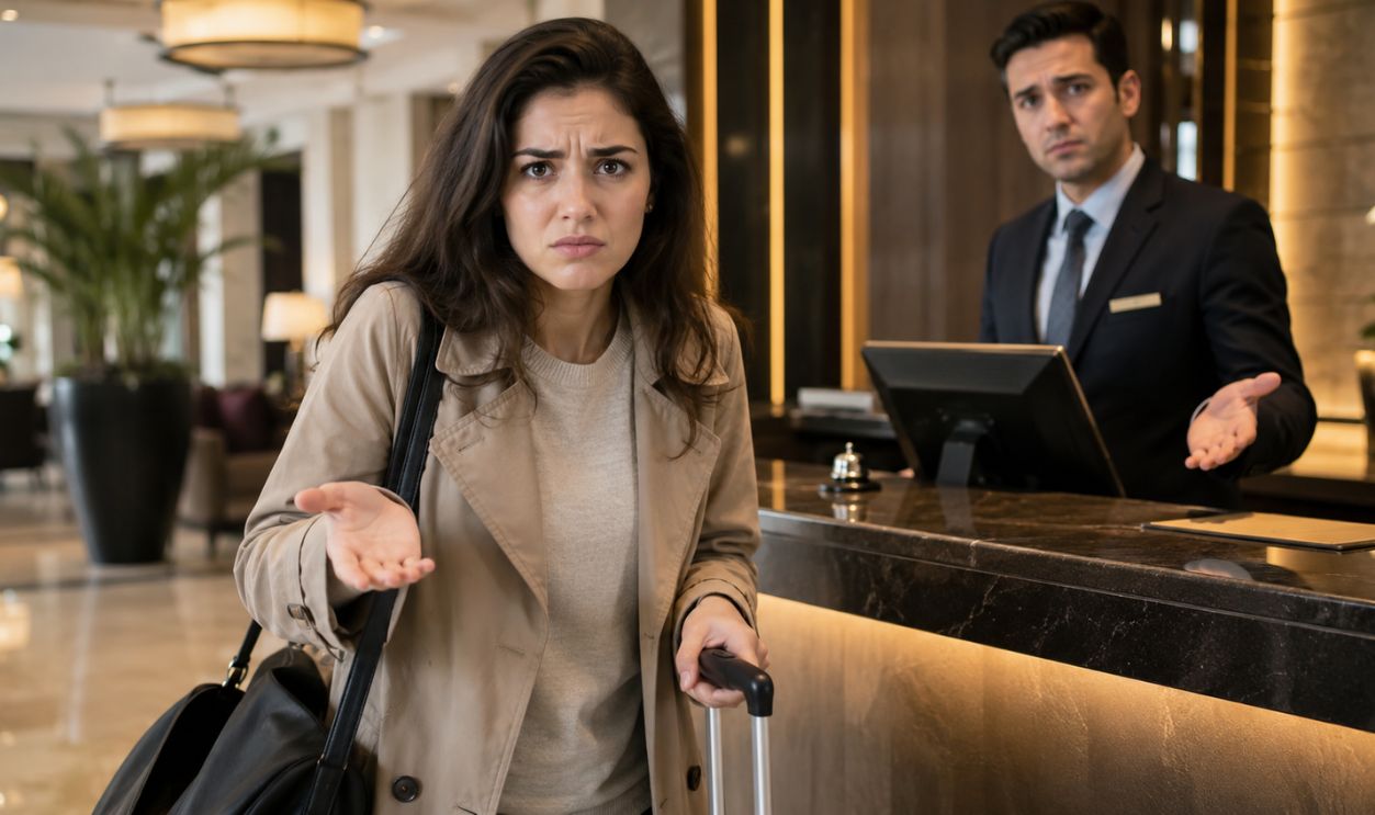 Frustrated guest at hotel reception