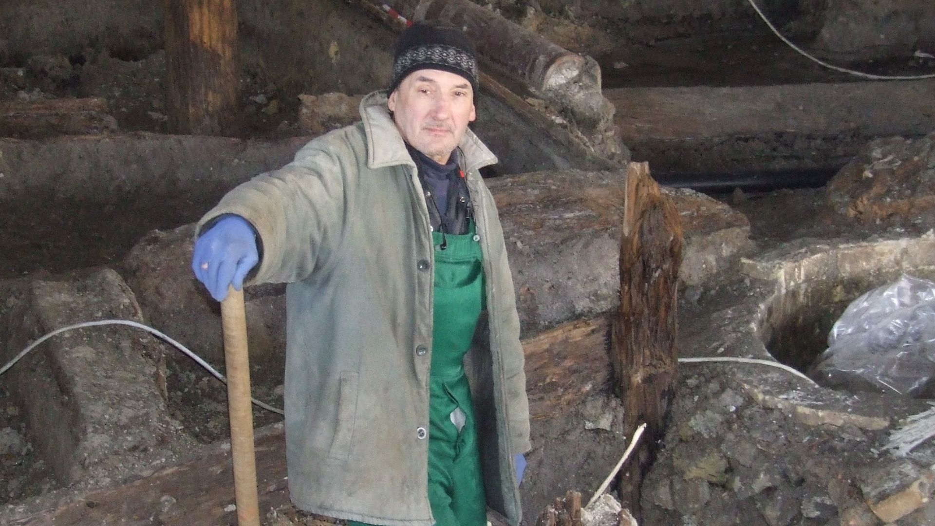 Archeologist Sergiy Kupriy in the process of excavations at Poshtova Square in Kyiv in February-March of 2015. The archeologists have found the remains of city buildings (site coverage), tools, utensils, tableware, not significant number of adornments.