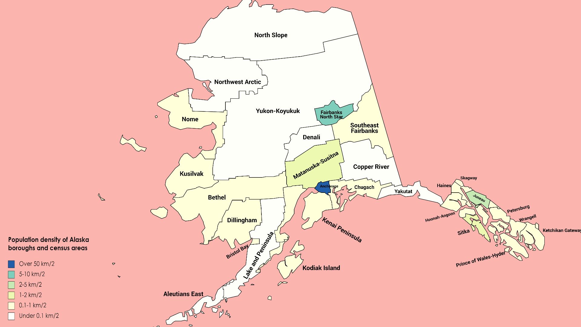 2020 population density of Alaska boroughs and census areas - per square kilometer