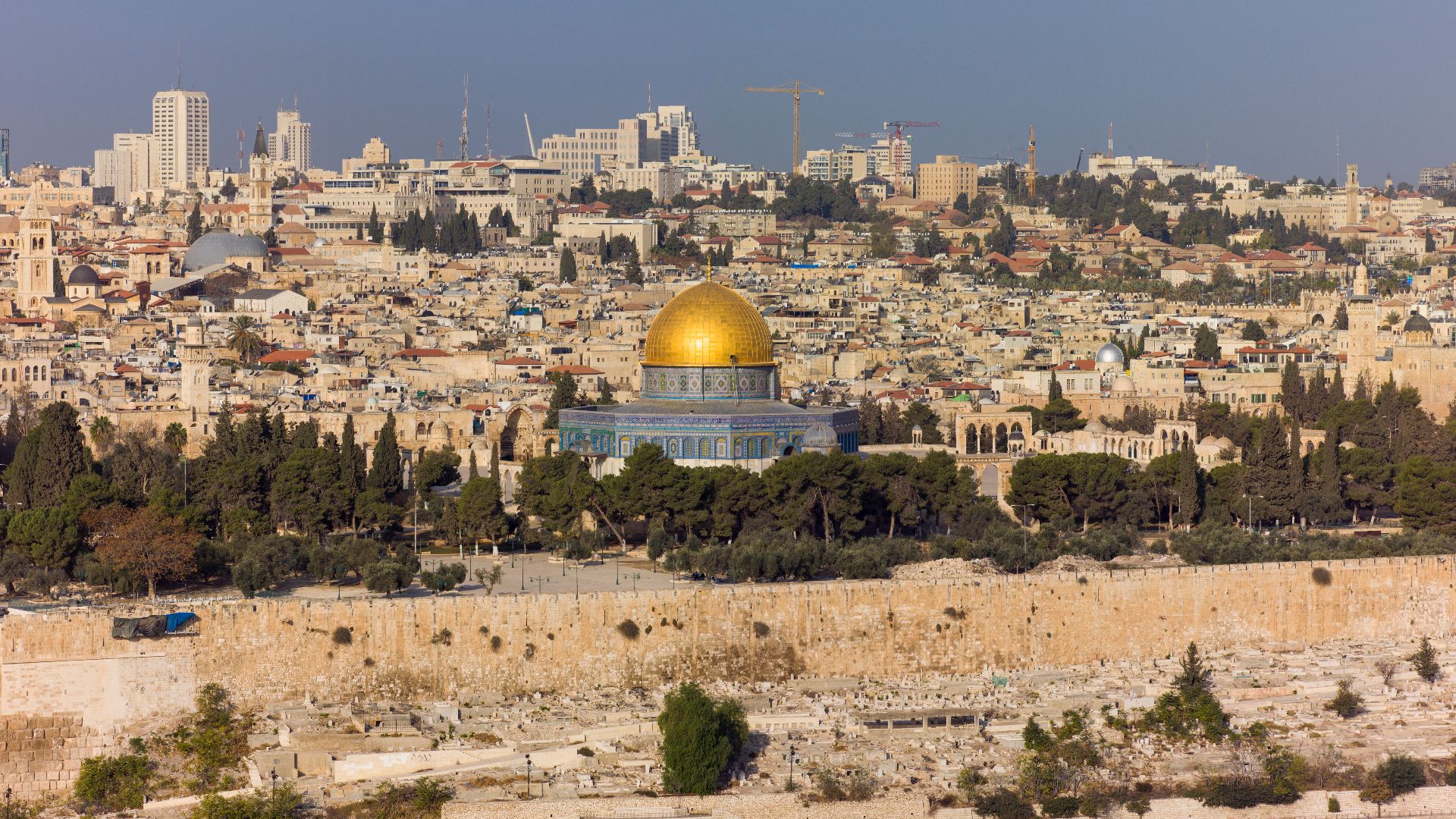 The Dome of the Rock (Arabic: مسجد قبة الصخرة, Hebrew: כיפת הסלע) on the Temple Mount, (Hebrew: הַר הַבַּיִת, Arabic: الحرم القدسي الشريف) in the Old City of Jerusalem ((Hebrew: העיר העתיקה, Arabic: البلدة القديمة) as seen from the Mount of Olives.