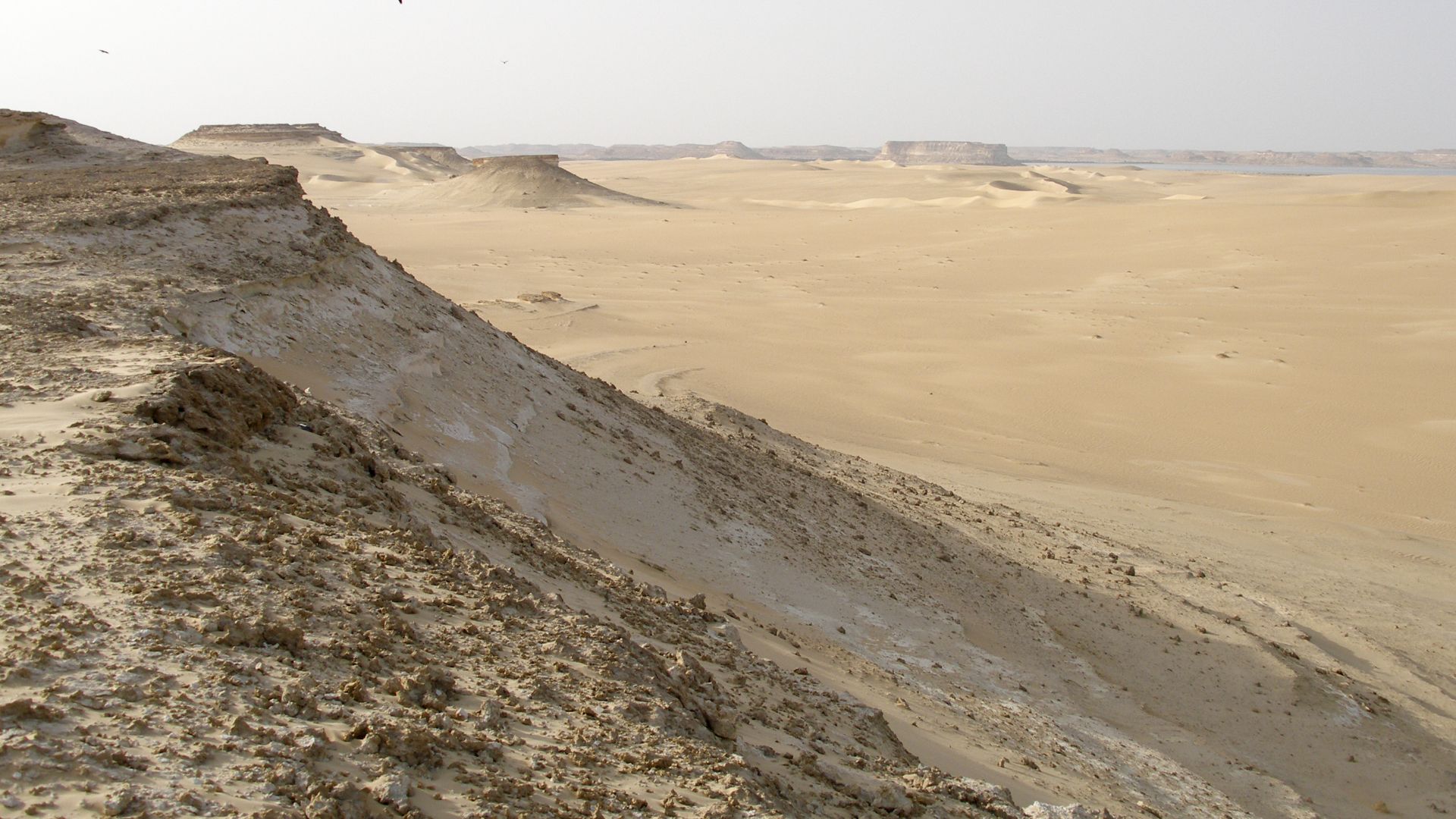 Rocky desert landscape near Egypt-Libya border. Sand plains, dunes, ridges, and some depressions (basins) typify the region. Where the Libyan Desert extends into Egypt and no longer in Libya, it is generally known as the Western Desert. Libyan Desert, Sah