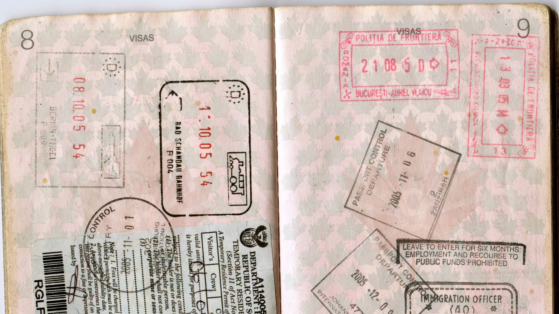 Passport stamps from Germany, South Africa, Romania and the UK