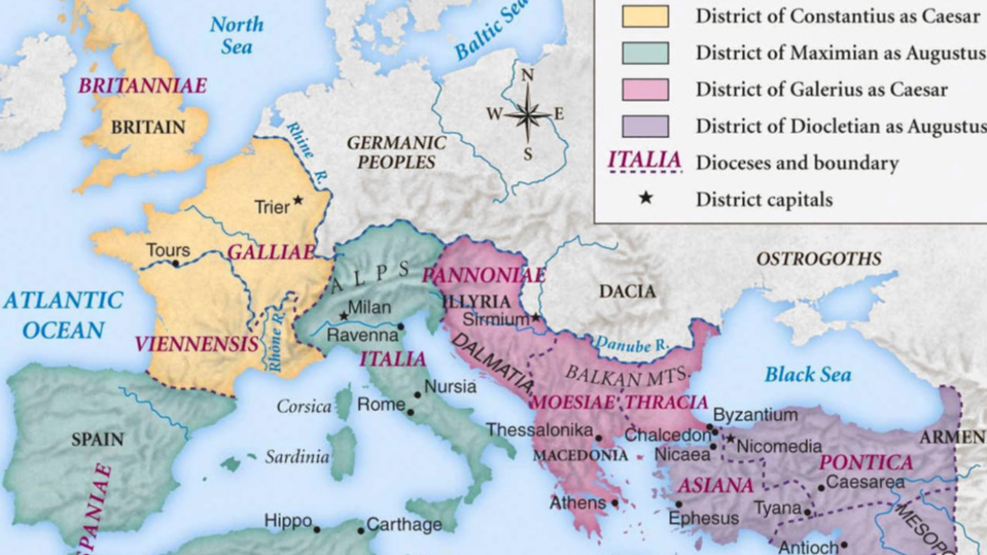 Historic map of Roman Empire during the first tetrarchy