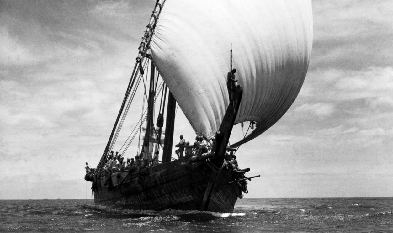 An ocean going dhow of the Arab or Persian Gulf in the Indian Ocean off Lamu Island, c. 1900