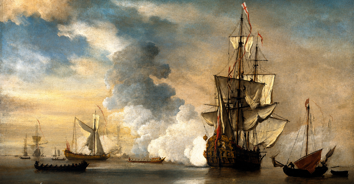 Oil on canvas titled ‘Brits oorlogsschip vuurde een saluut’, by Willem van de Velde the Younger (1690)