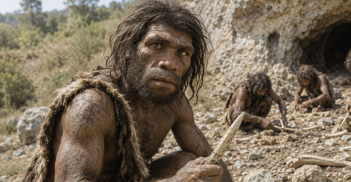 AI-generated image of an ancient human with bone tools.