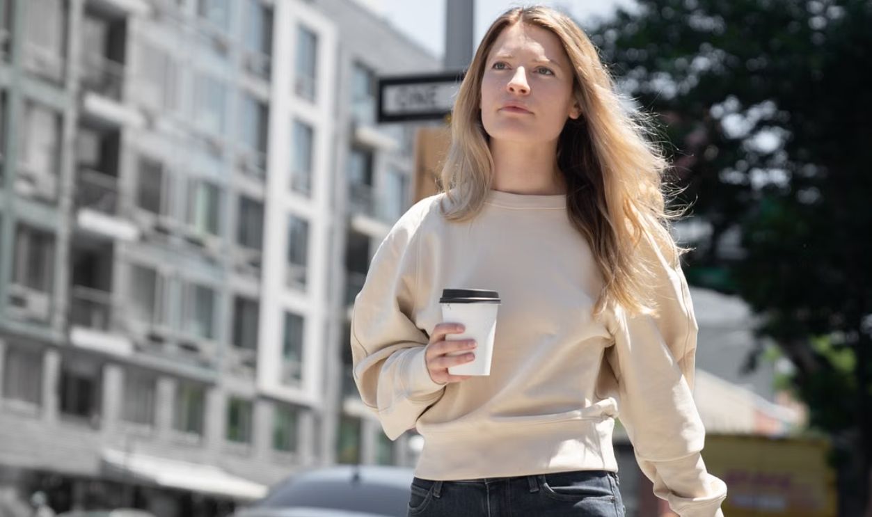 Portrait of a young woman walking on a city street holding a coffee cup, wearing casual attire. Bright daylight.