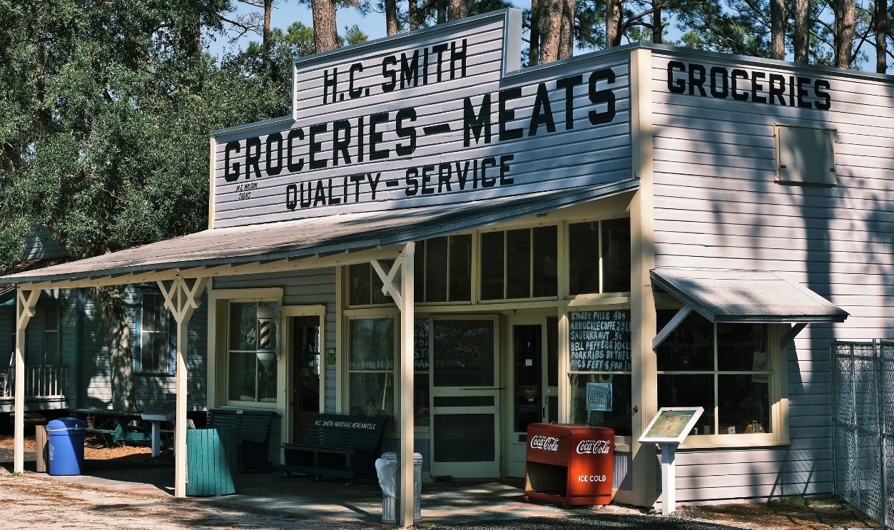 Largo, Florida 01 25 2023 heritage village vintage general store exterior in sunlight