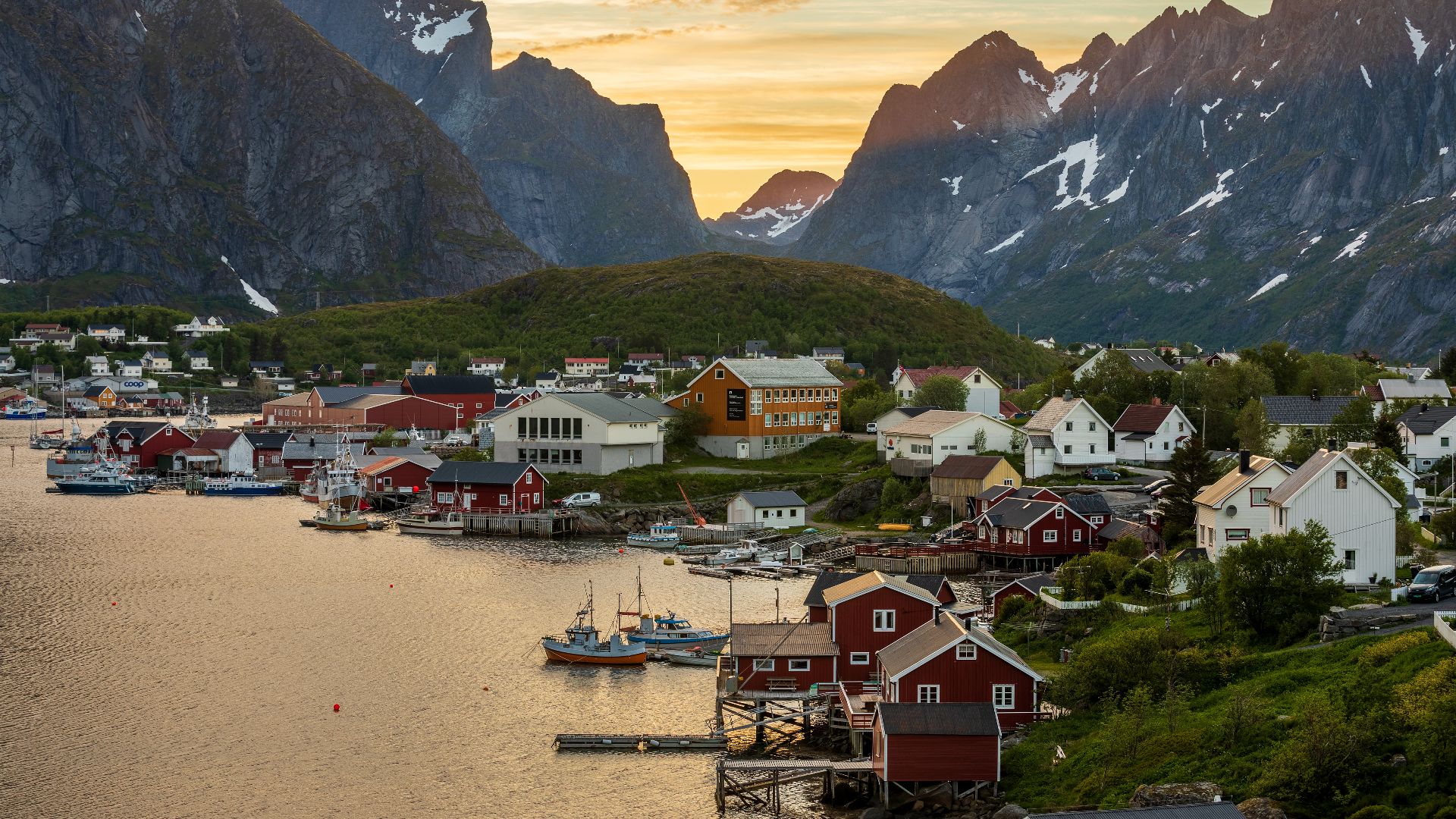 Houses of Reine village by Gravdalsbukta in Moskenes, Nordland, Norway in a summer night of 2022 June.