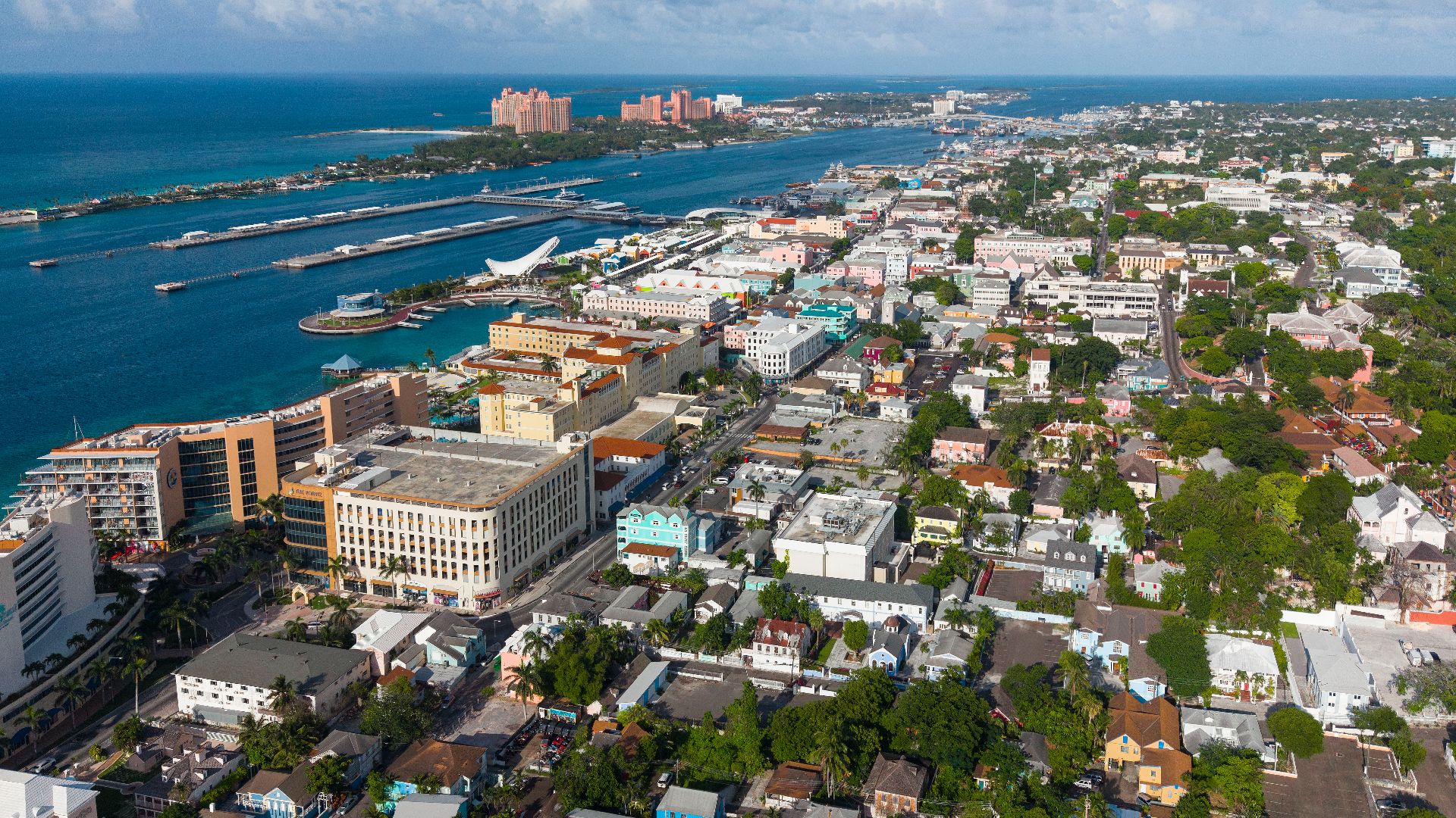 Aerial view of downtown Nassau, Bahamas (pop. 292,522), the capital and largest city of The Bahamas.