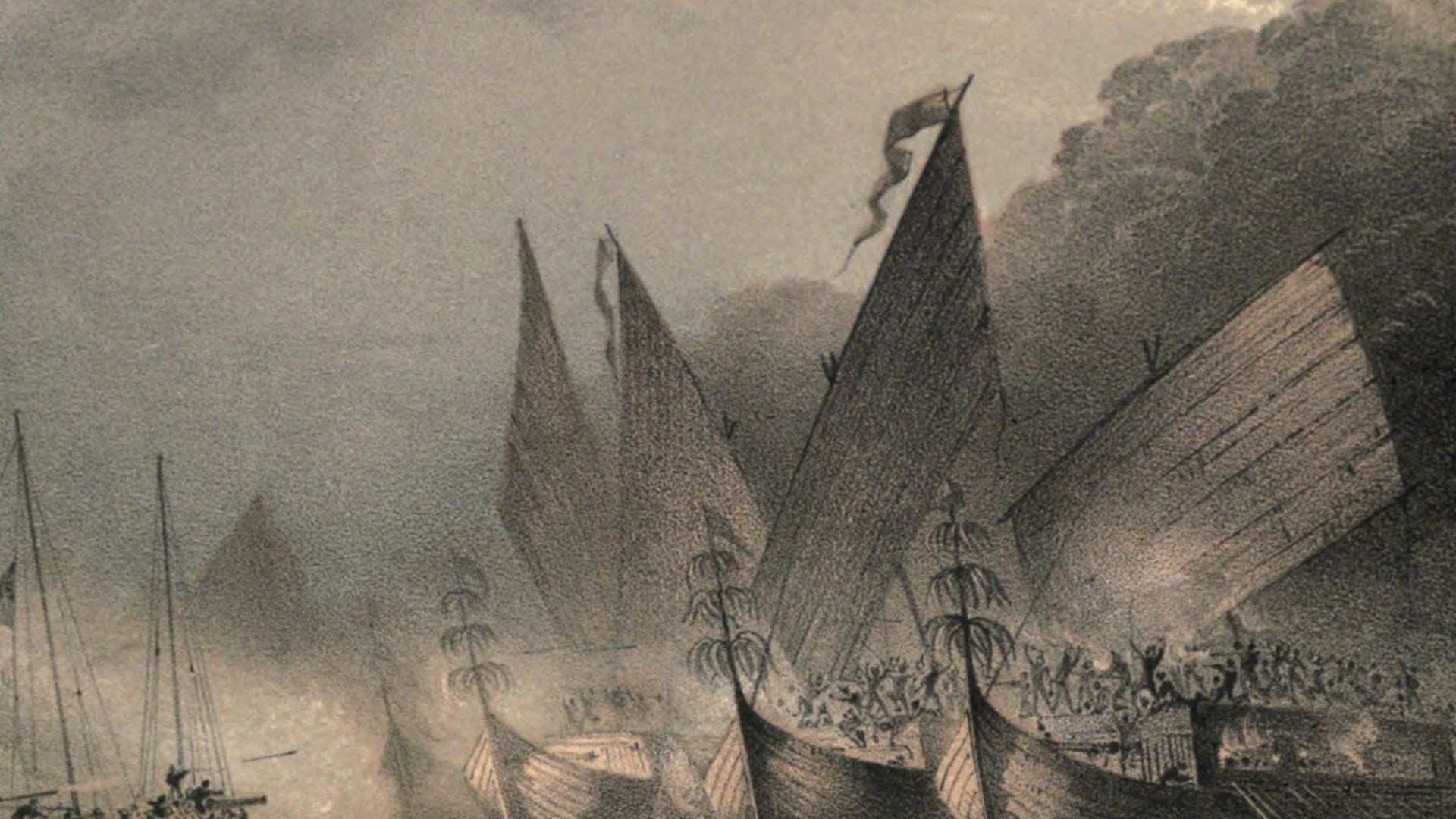 Pirate attack off the coast of Jilolo (Halmahera), Indonesia, engraving from the 1843-1844 Samarang Logbook in China, Indonesia, 19th century.
