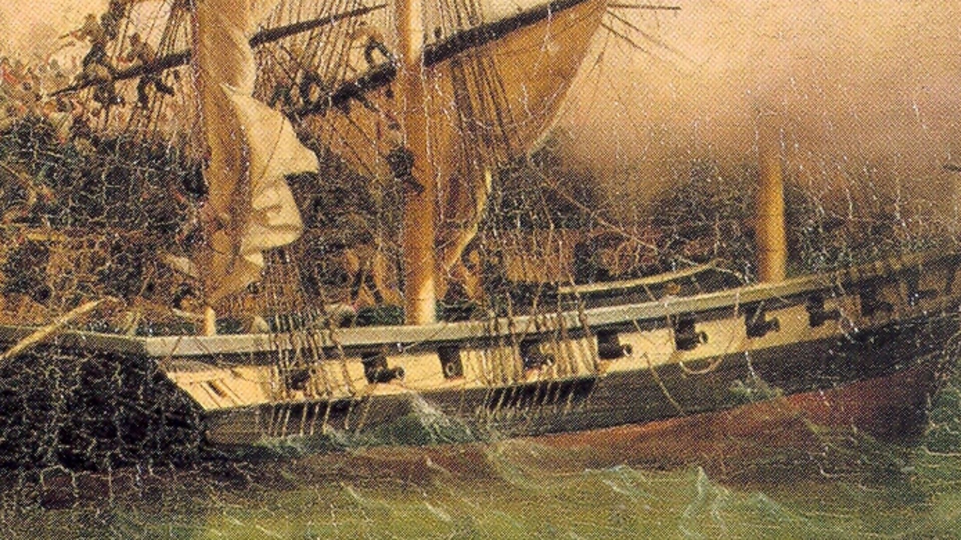 A painting showing a pirate ship attacking a merchants's ship. It appears to be a version of Ambrose Louis Garneray's La Prise du Kent par Surcouf, with a Jolly Roger added.