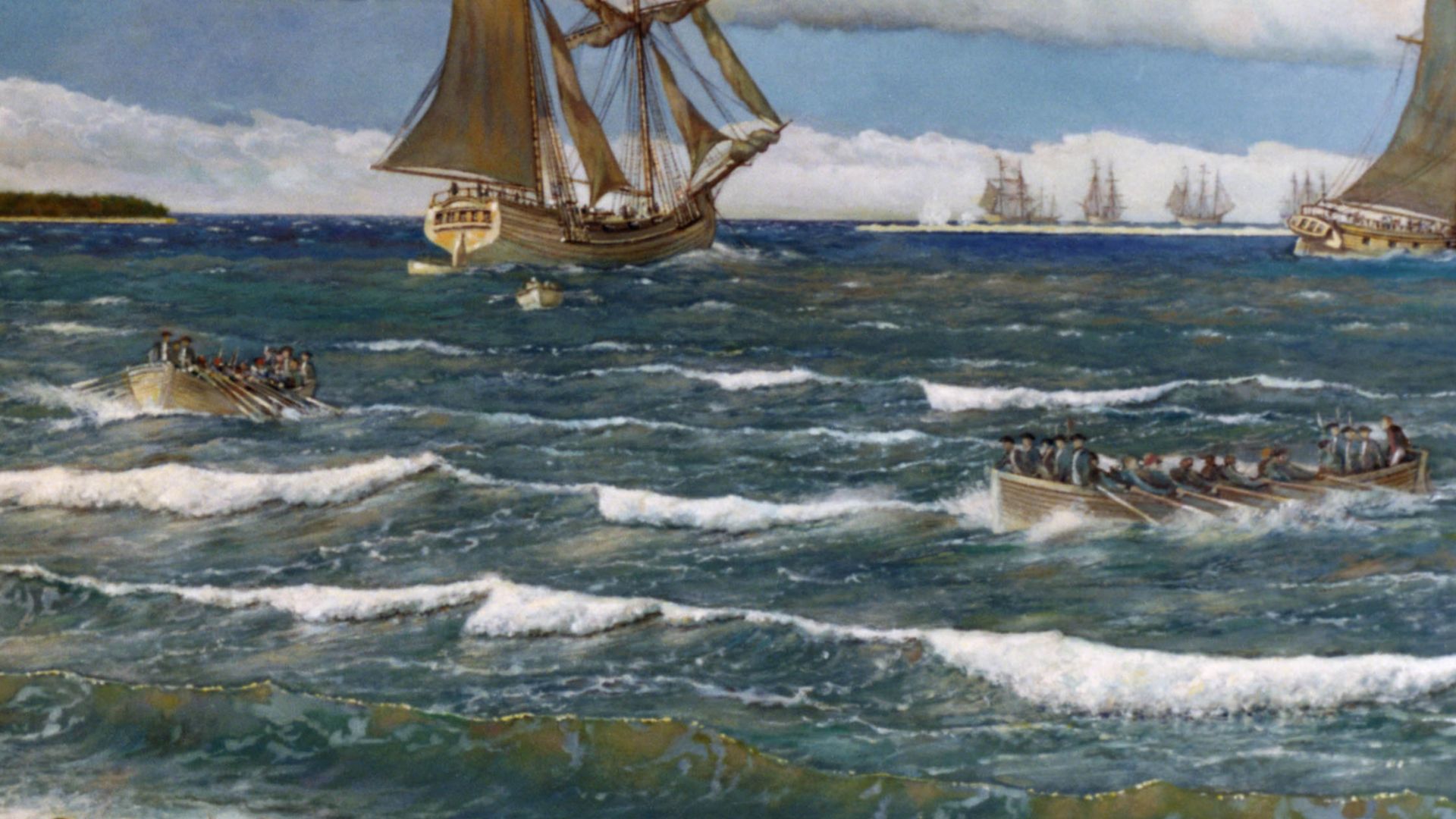New Providence Raid, March 1776
Oil painting on canvas by V. Zveg, 1973, depicting Continental Sailors and Marines landing on New Providence Island, Bahamas, on 3 March 1776. Their initial objective, Fort Montagu, is in the left distance. Close off shore 
