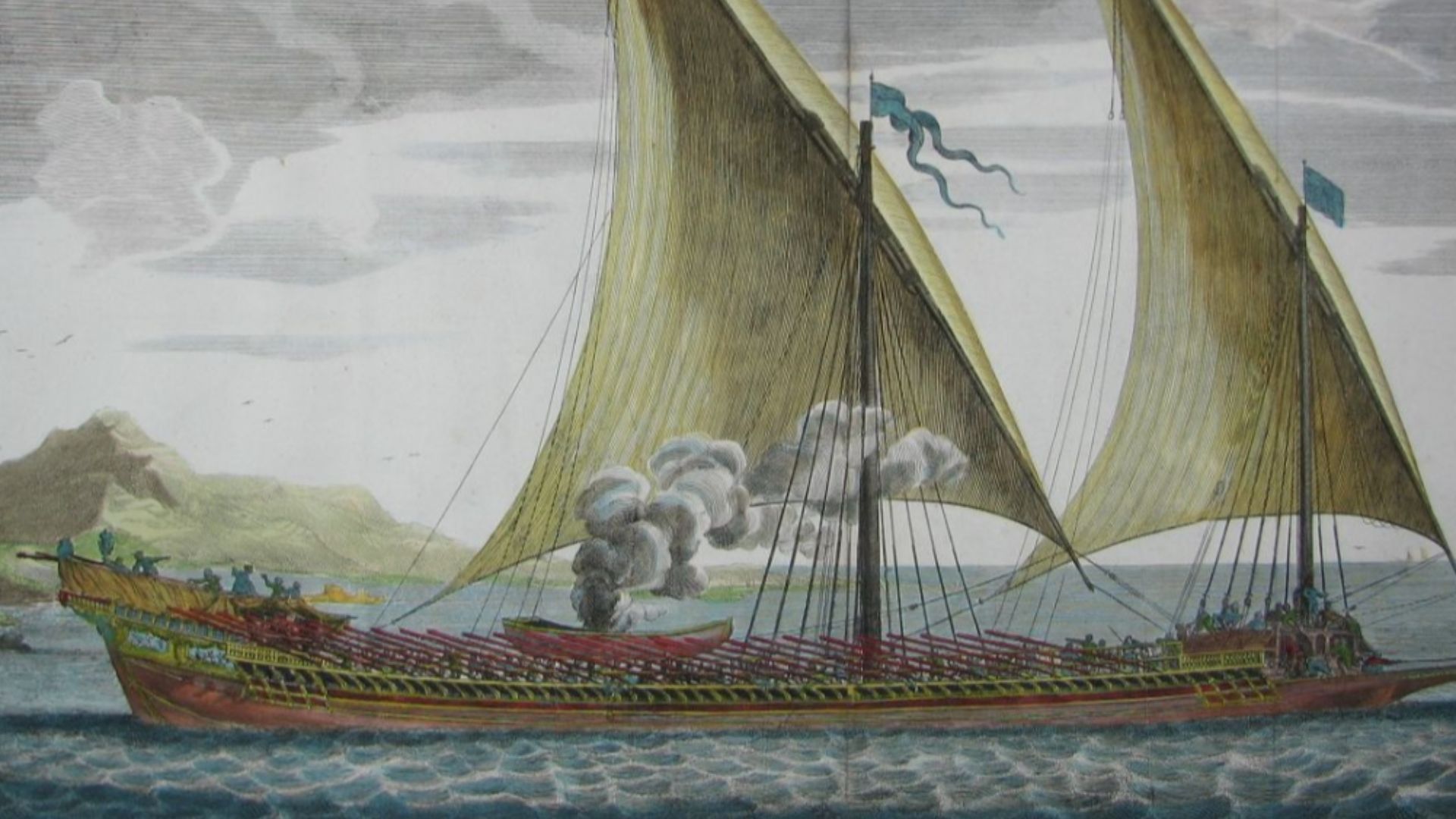 An engraving of a French galley with sails from Plan de Plusieurs Batiments de Mer avec leurs Proportions (c. 1690). Engraving by Claude Randon.