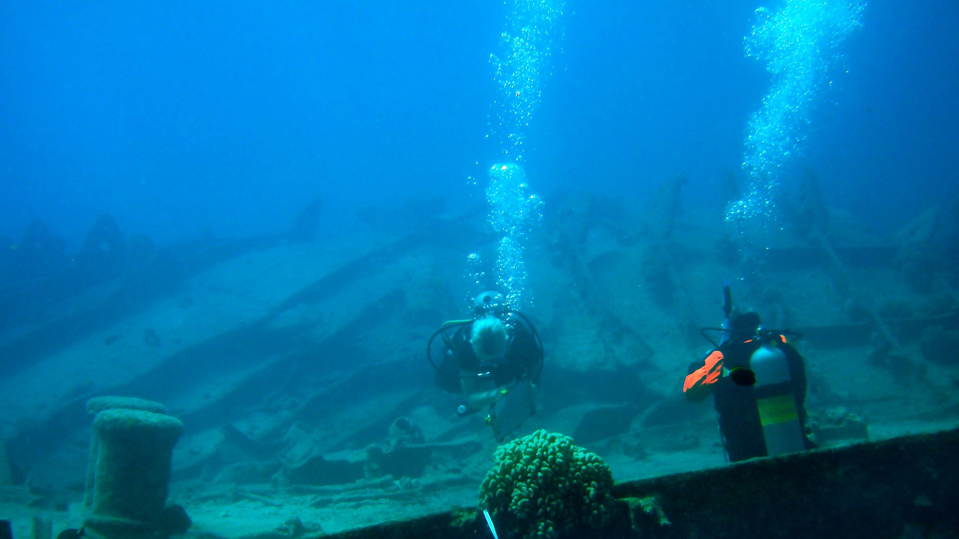 Archaeologists surveying the sunken auxiliary vessel on the Maritime Heritage Trail - Battle of Saipan, Tanapag Lagoon. Presumably the torpedoed Shoan Maru.
