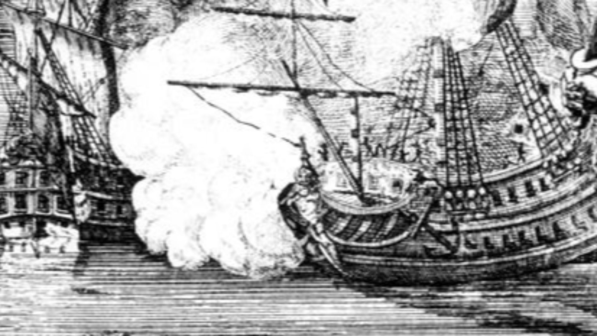 Pirate captain Henry Every is depicted on shore while his ship, the Fancy, engages an unidentified vessel.