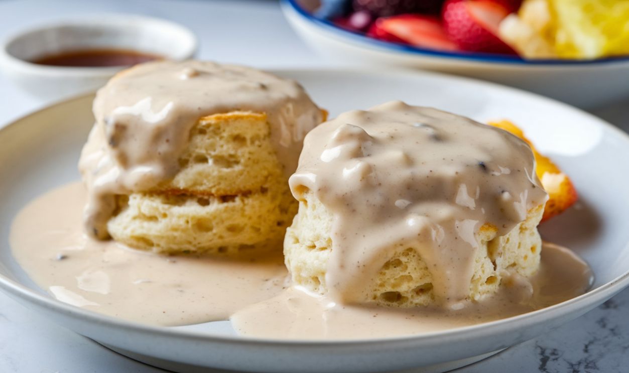 Biscuits and Gravy: Fluffy, buttery biscuits smothered in creamy sausage gravy, providing a hearty and comforting breakfast.