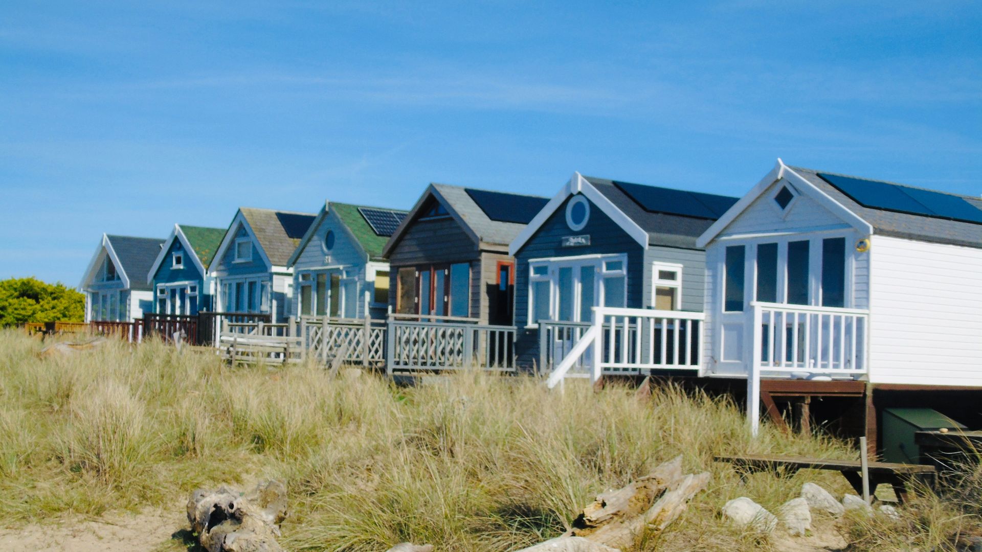 Row of colorful beachfront cabins with grassy foreground on a sunny day.