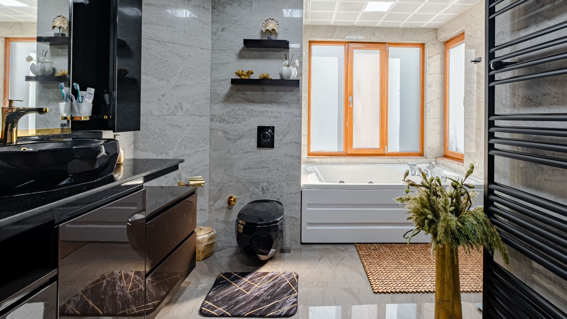Elegant modern bathroom featuring luxury fixtures and spacious design.