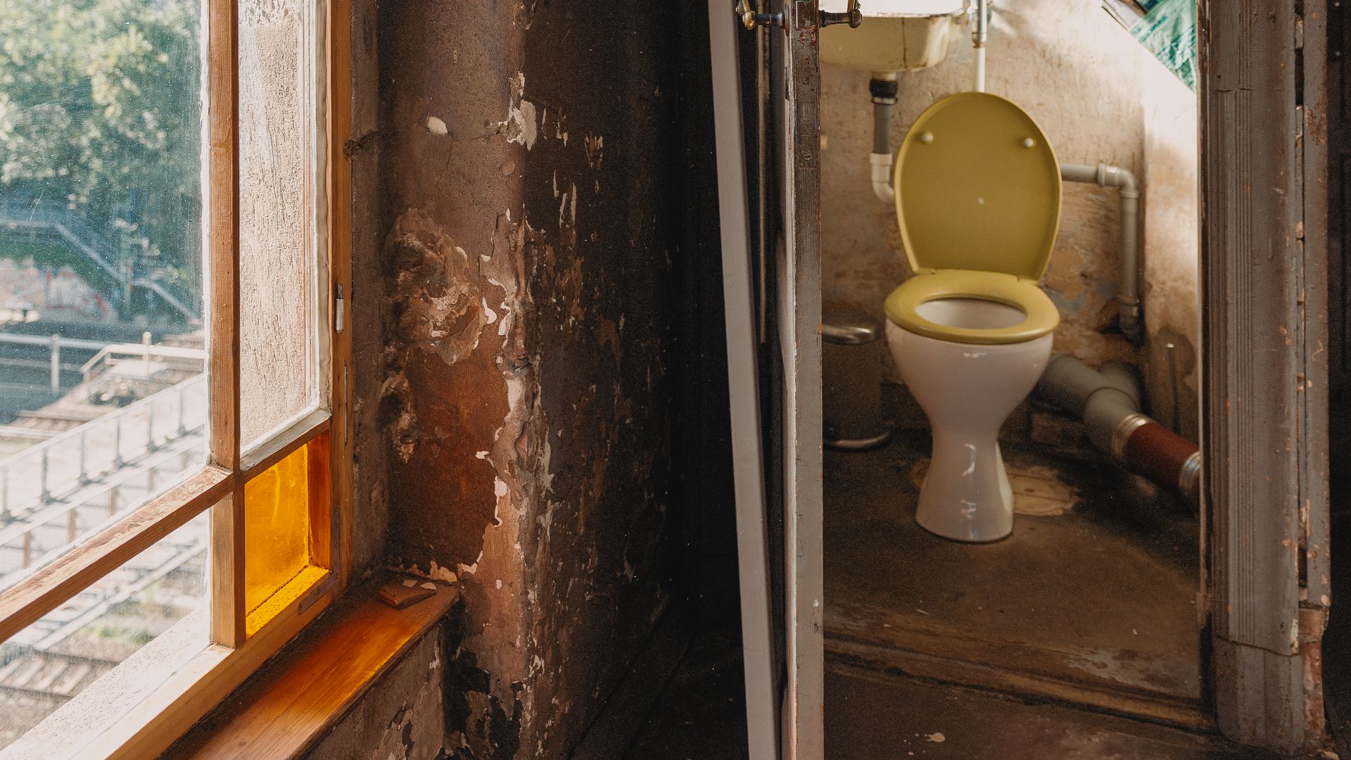 Old bathroom with vintage decor, green toilet seat, sunlight through window.