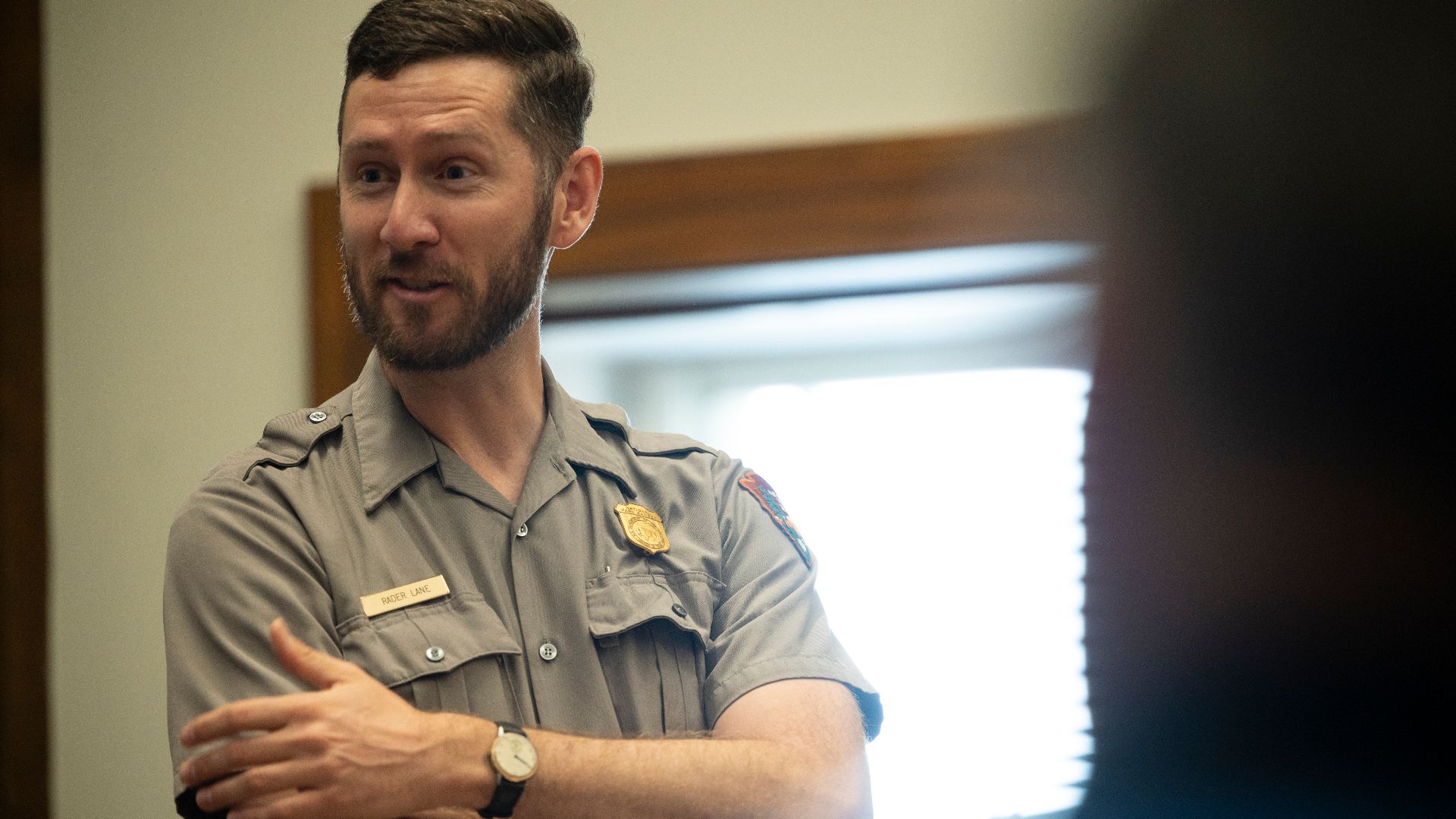 Park ranger Rader Lane speaks on the National Park Service’s astronomy and dark sky programs at Grand Canyon National Park during a visit by NASA’s SpaceX Crew-2 astronauts Megan McArthur and Shane Kimbrough of NASA, and Akihiko Hoshide of the Japan Aeros