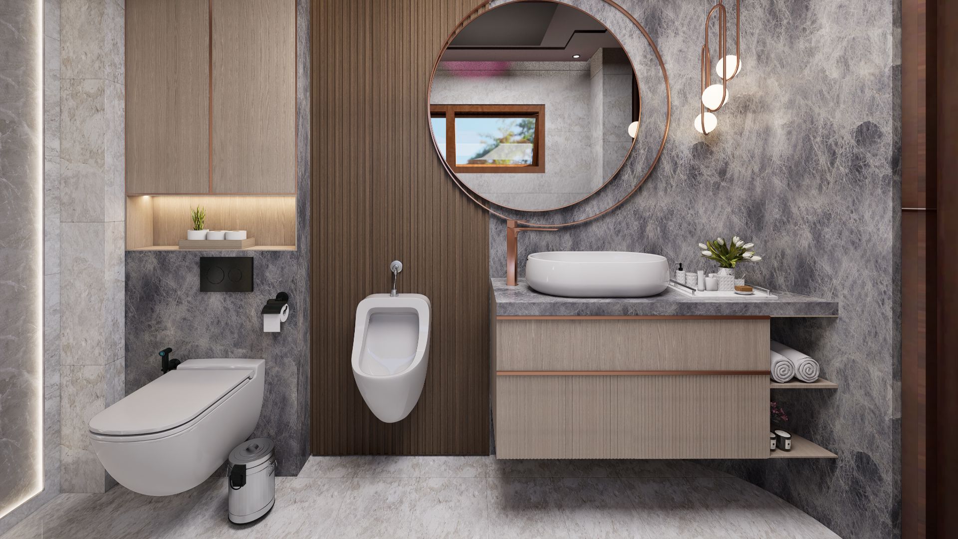 Elegant modern bathroom featuring marble finishes, round mirror, and contemporary fixtures.