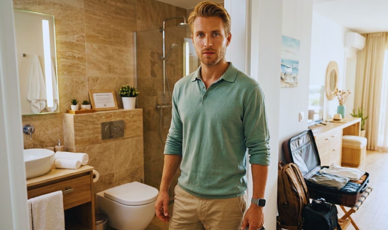 disappointed man in front of a toilet inside a rental stay