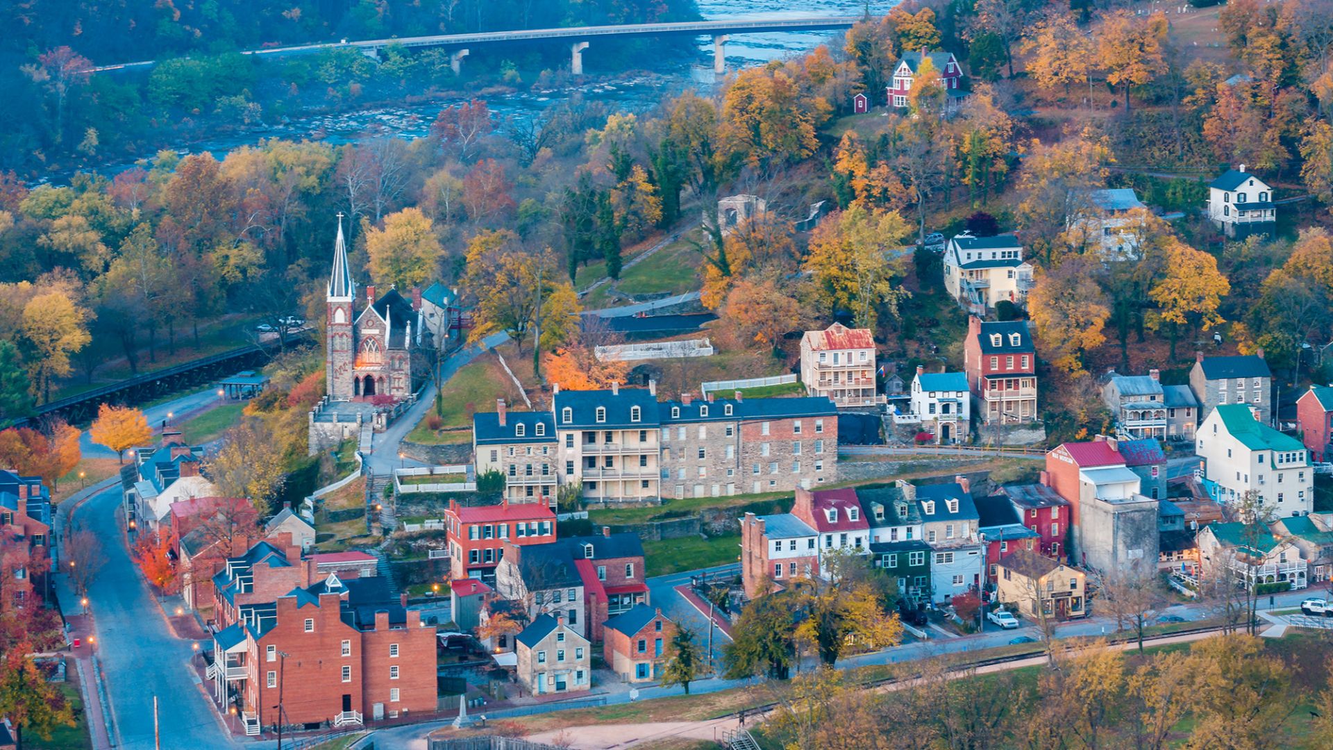 Harpers Ferry in West Virginia is loaded with an array of historic hillside homes and buildings.