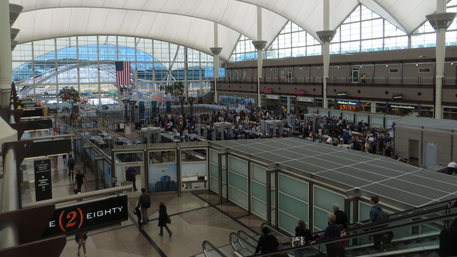 South view towards security inside Jeppesen Terminal at Denver International Airport, Colorado