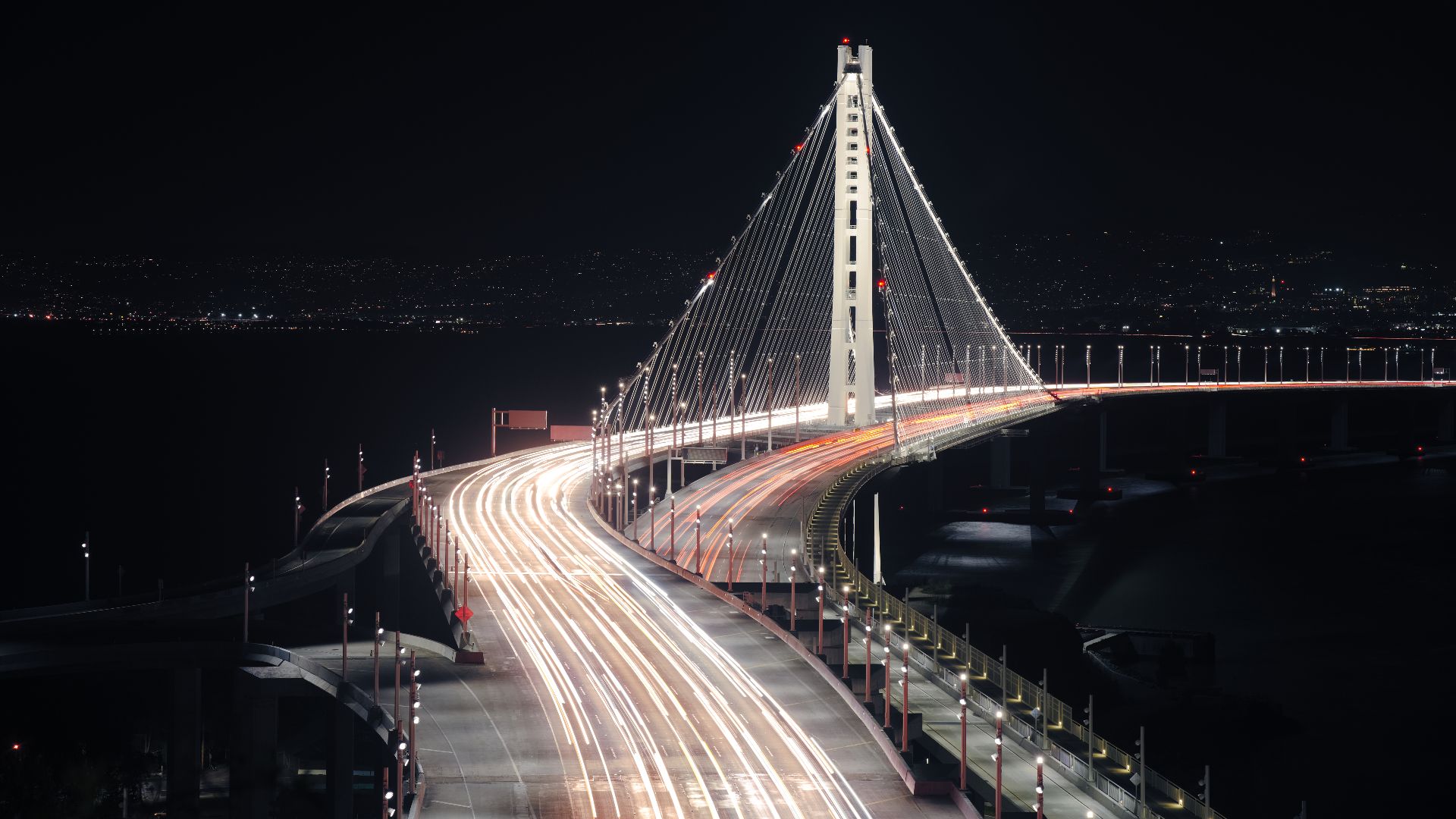 Eastern span of the San Francisco Oakland Bay Bridge at night as seen from Yerba Buena Island.