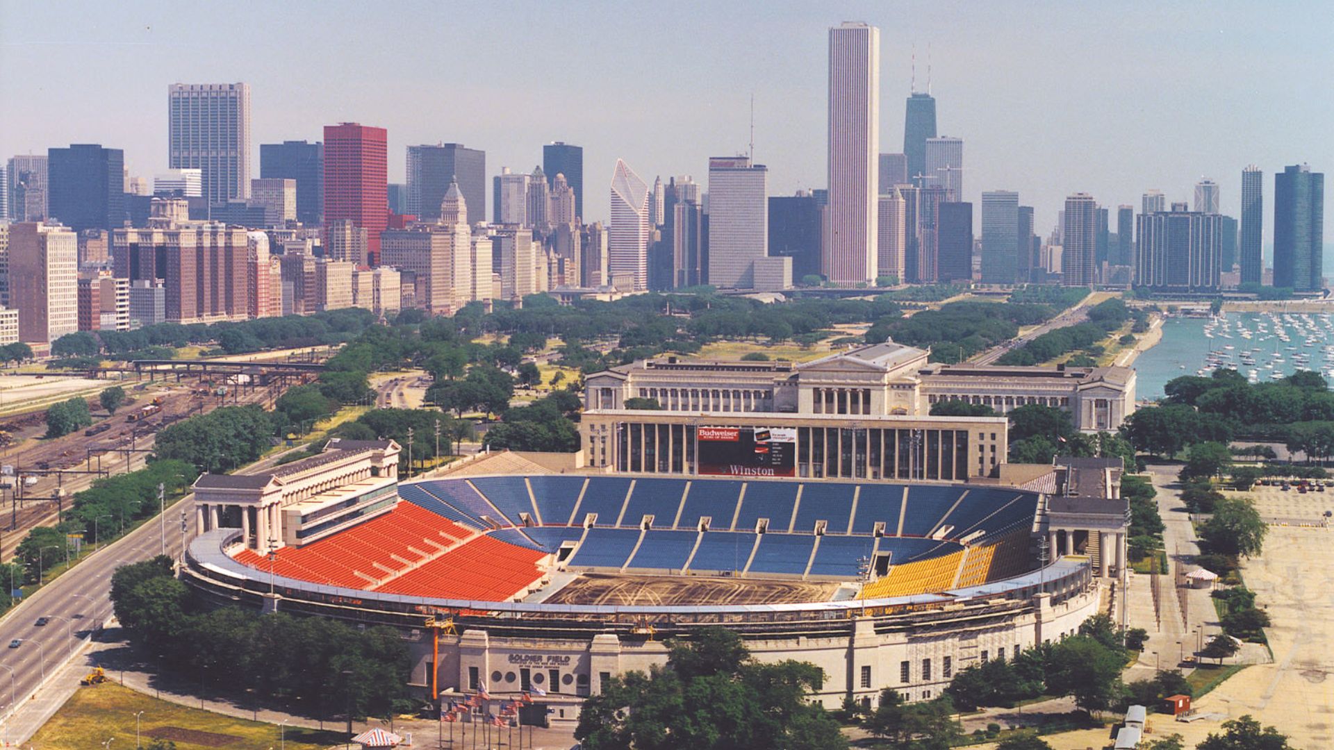 Aerial view of Soldier Field and the skyline of Chicago, Illinois, USA.