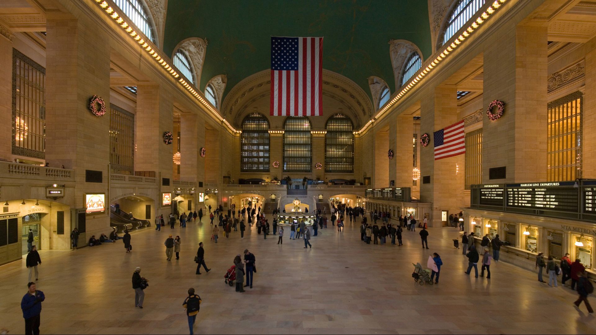 A 4 segment Panoramic view of the Grand Central Terminal Main Concourse in New York City, New York, United States. Taken with a Canon 5D and 24-105mm f/4L IS lens.