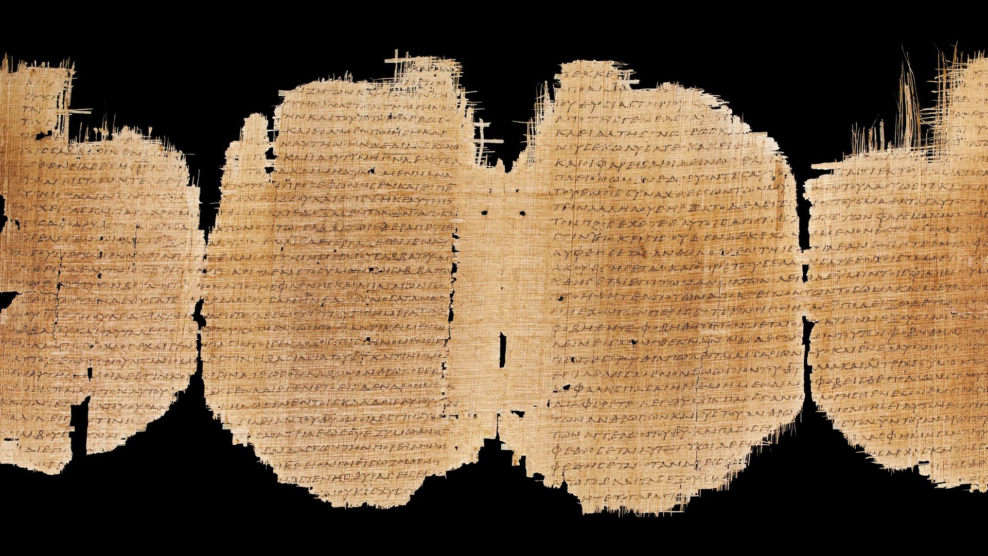 The front side of folios 13 and 14 of a Greek papyrus manuscript of the Gospel of Luke containing verses 11:50–12:12 and 13:6-24,  P. Chester Beatty I (Gregory-Aland no. P45).