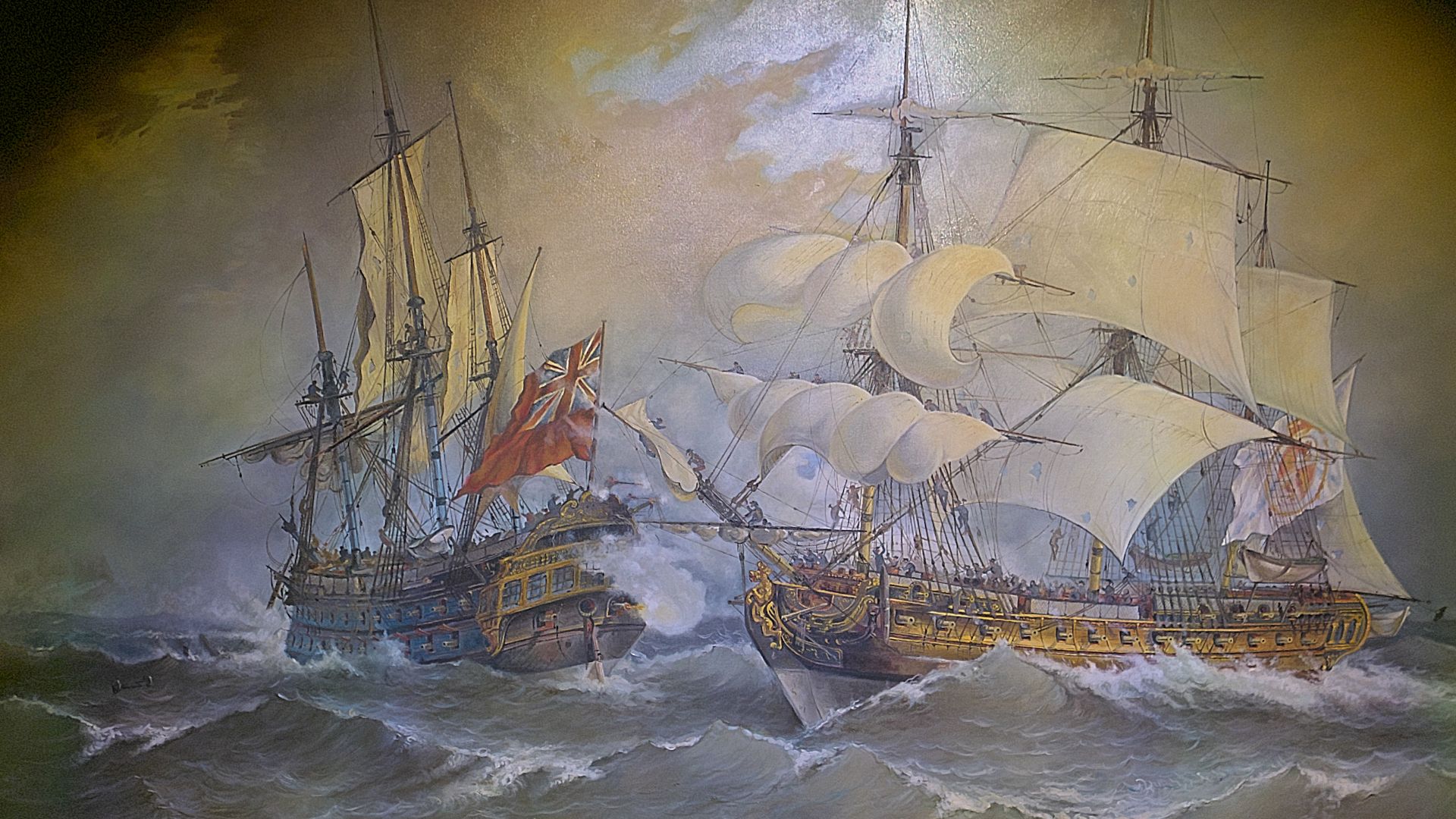 Copia de una pintura, óleo sobre tela, de Ángel María Cortellini, existente en el Museo Naval de Madrid, representativa del combate entre la fragata Valeur, mandada por Blas de Lezo, y el navío inglés Stanhope capitaneado por John Combs (ca. 1710).