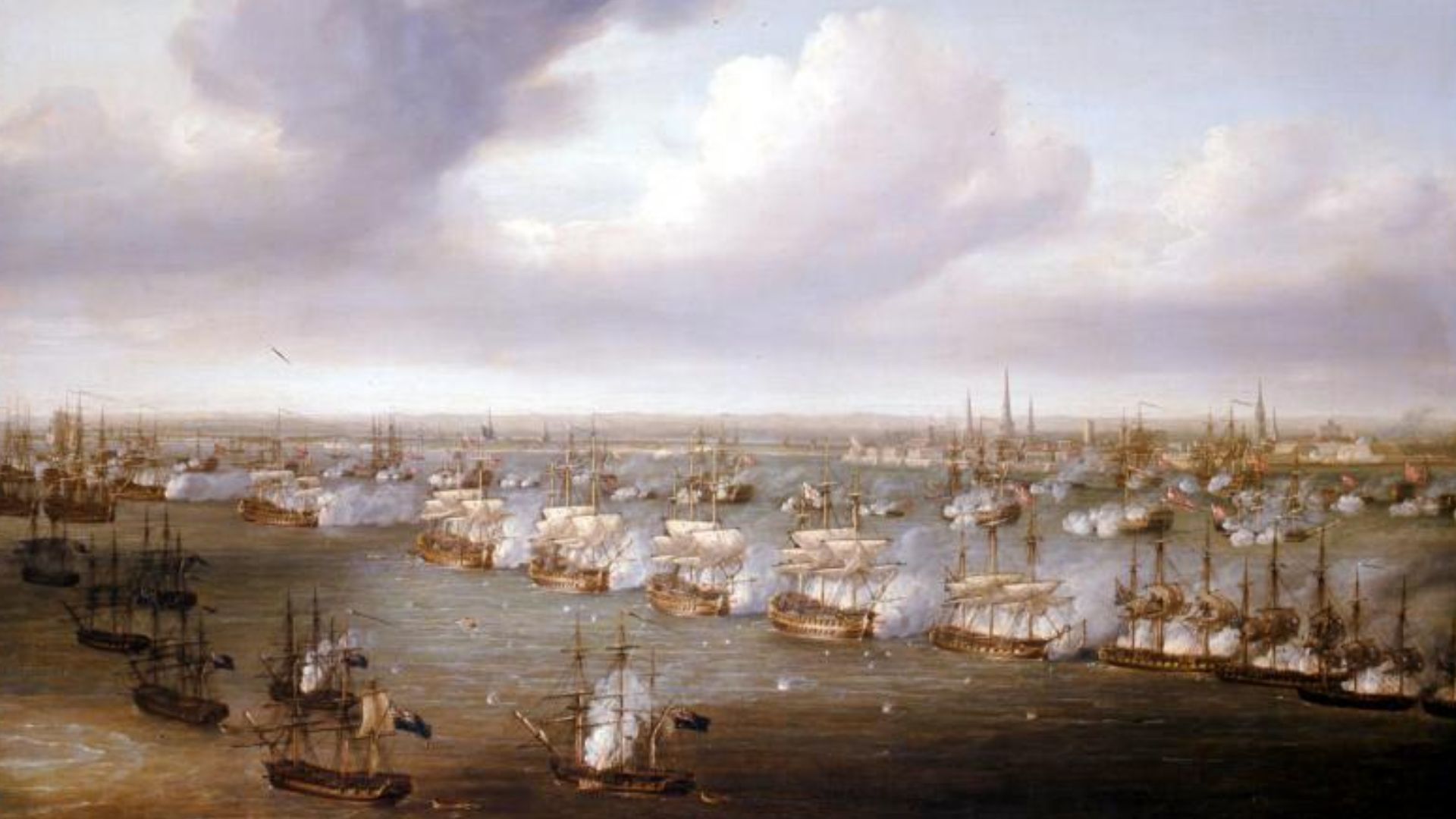 The Battle of Copenhagen, as painted by Nicholas Pocock. British bomb vessels are in the foreground in the lower left; to the right are the British and Danish ships in formations called