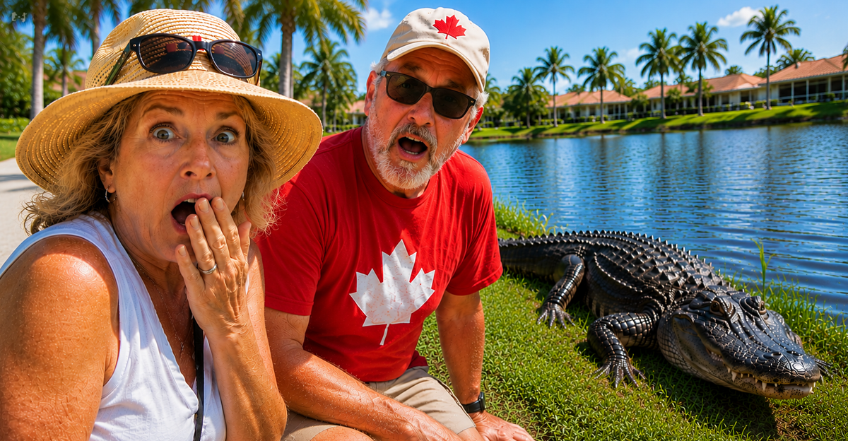 Startled Canadian couple reacting beside a large alligator near a sunny lakeside neighborhood