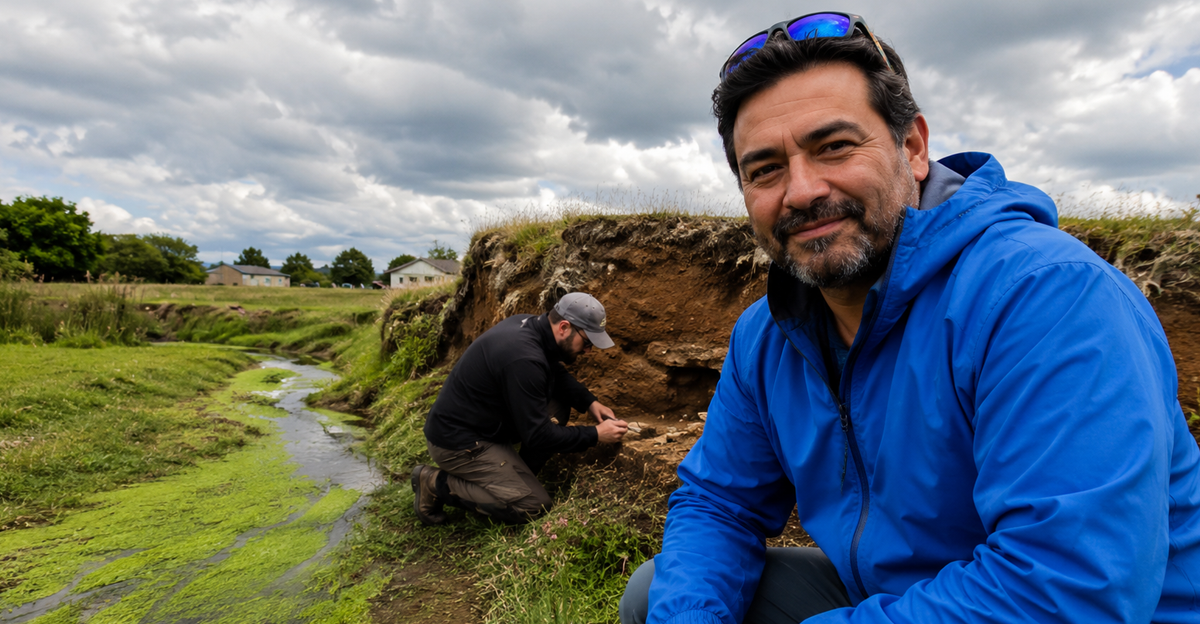 Two men work beside a grassy stream, with one facing the camera and another examining the riverbank