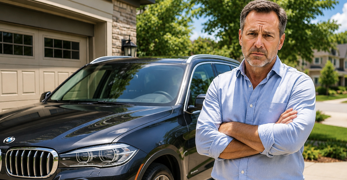 AI-generated image of a man standing next to his used luxury SUV.