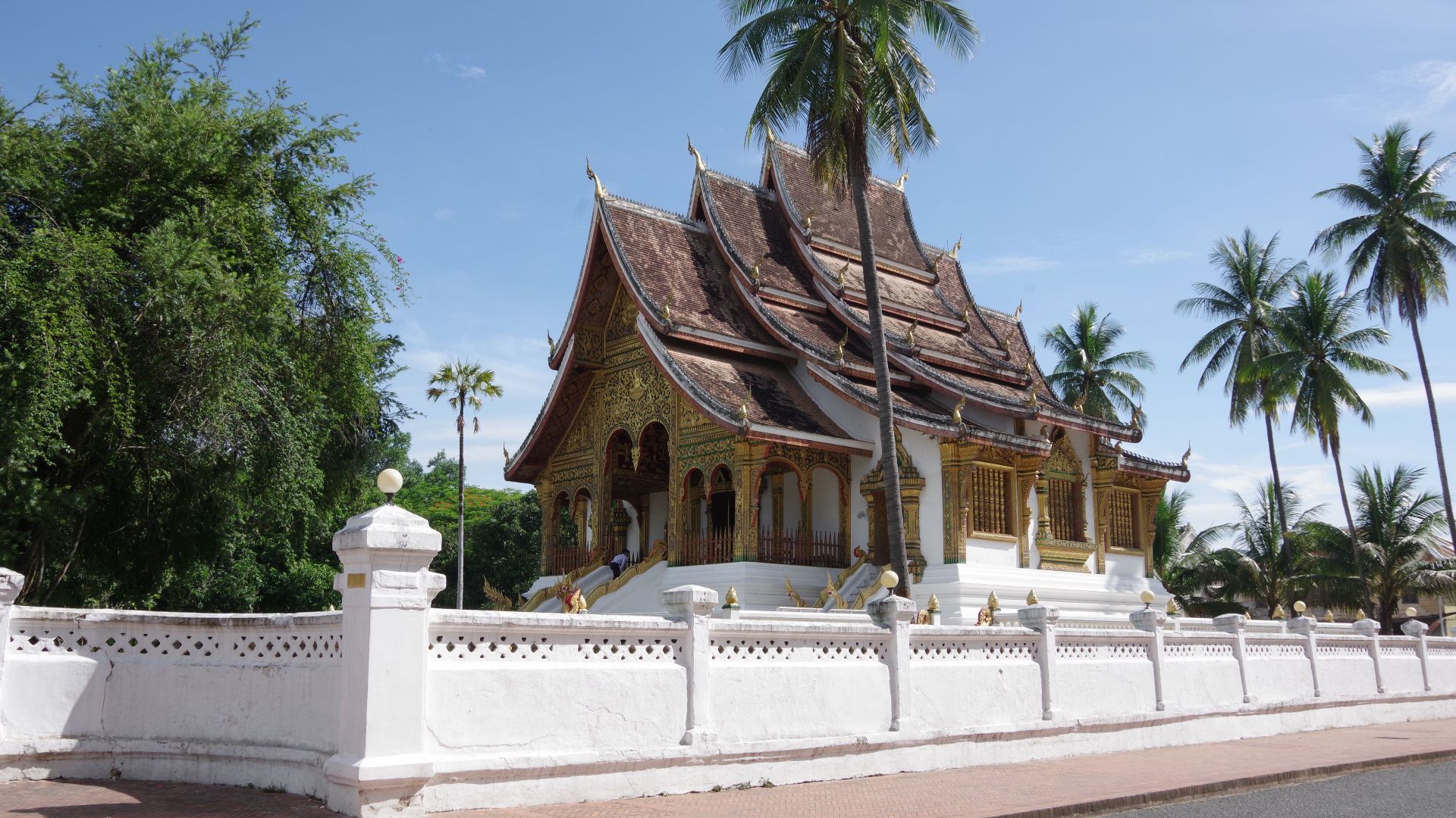 Explore the Royal Palace's intricate architecture surrounded by lush palms in Luang Prabang, Laos.