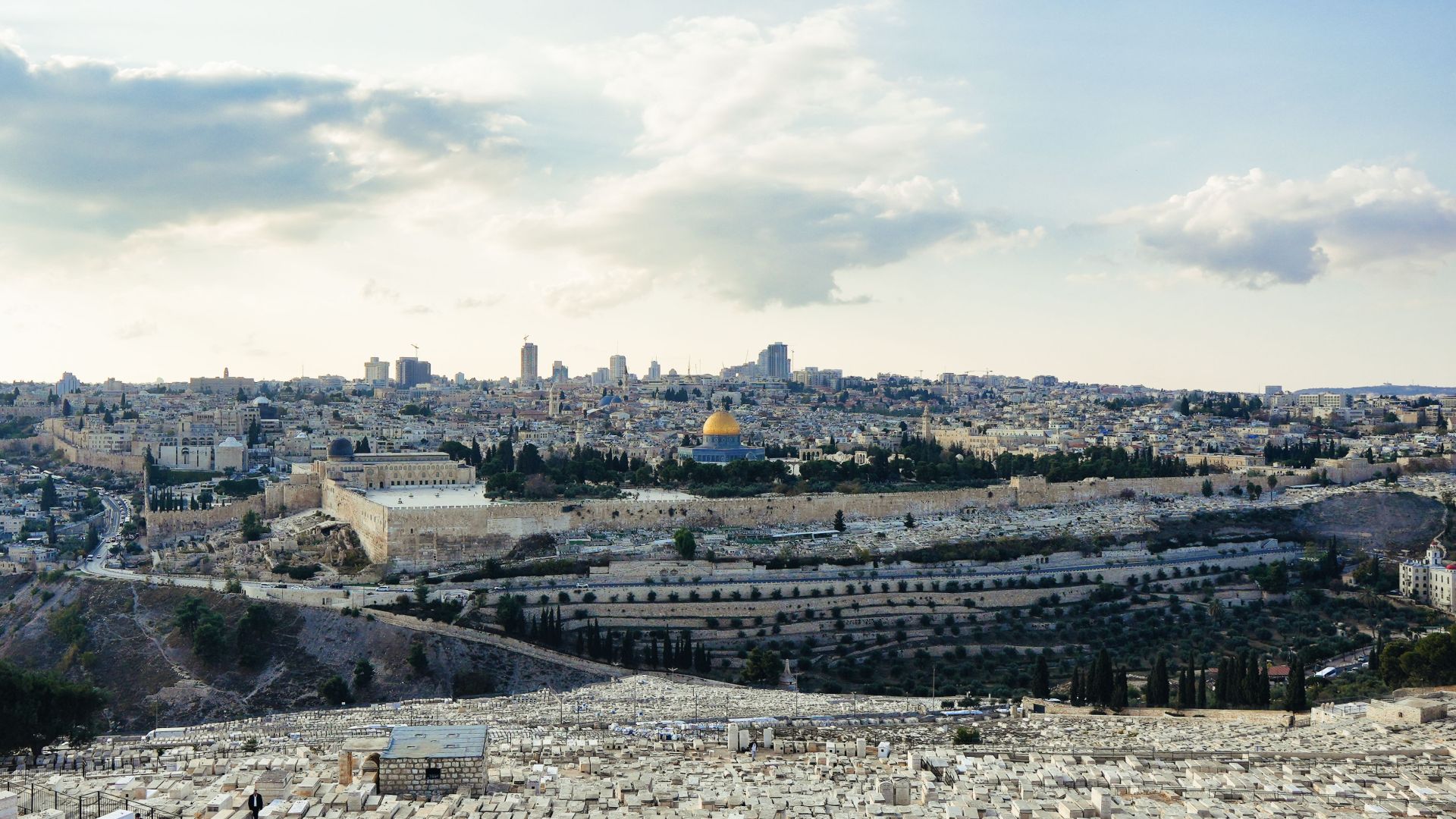 A breathtaking aerial view capturing Jerusalem's historic skyline and iconic landmarks under a bright sky.