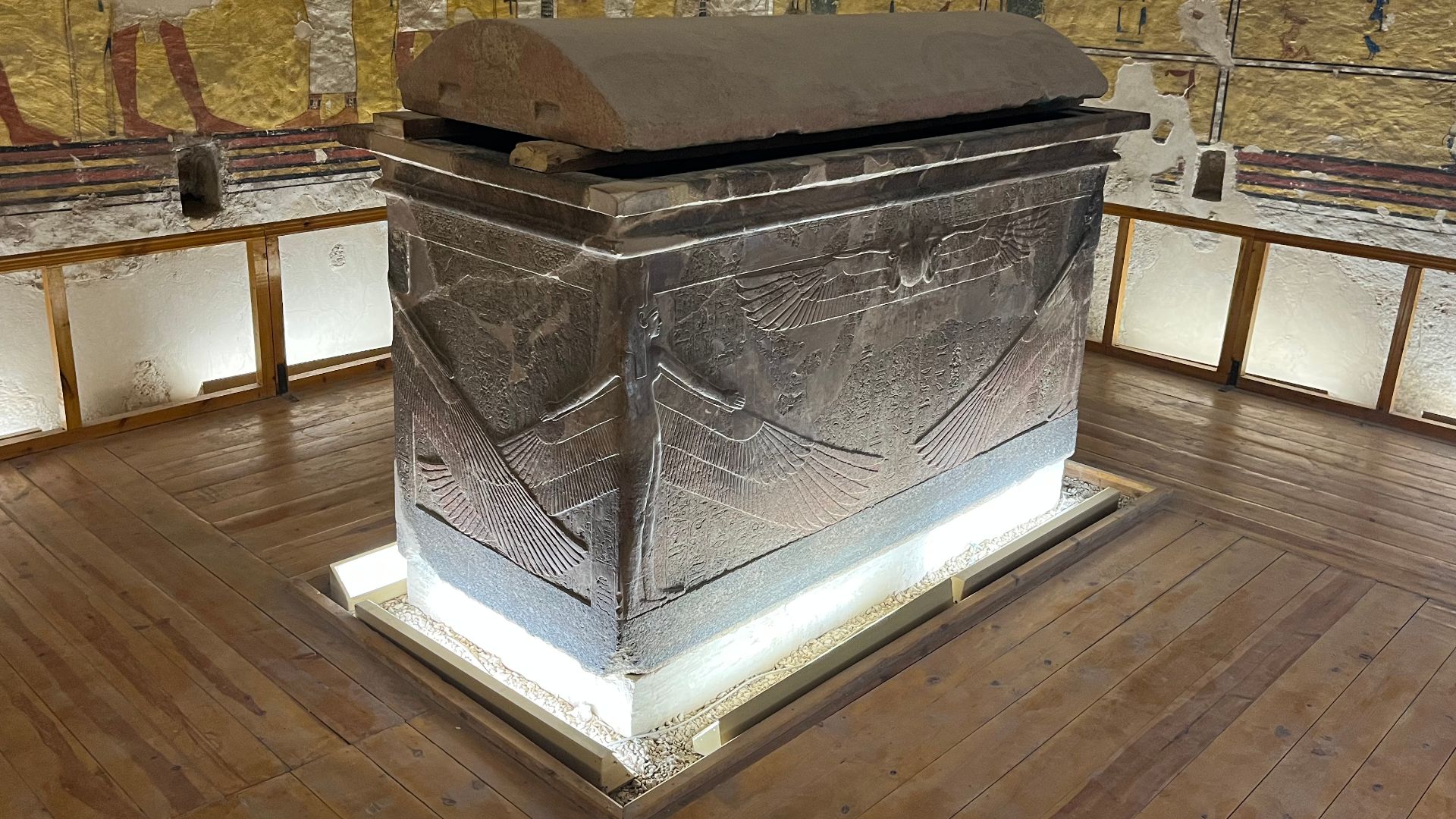This is a view of the WV23 tomb burial chamber and restored sarcophagus of king Ay  in the Western Valley of the Kings in 2023. 

This photo was taken by Fabio Achili