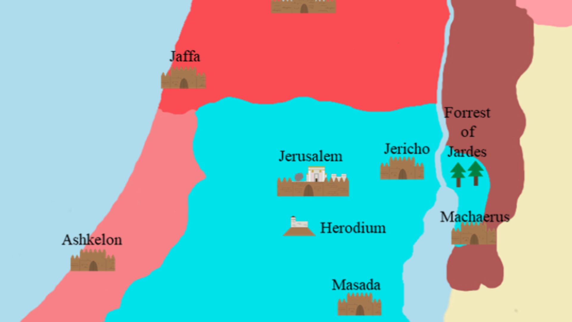 Map showing Roman and Jewish territory during the Great Jewish Revolt of 66 AD to 73 AD. In light blue, is the territory under the control of the Free Judean Government at its maximum