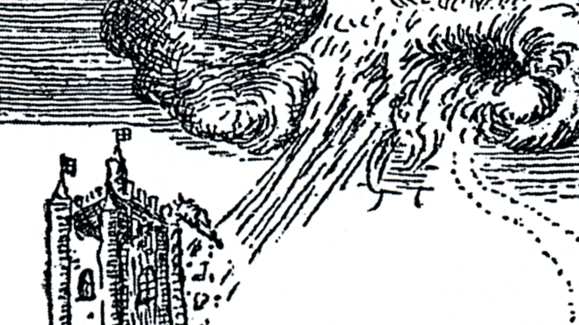 A contemporary woodcut of The Great Thunderstorm, Widecombe, Dartmoor, Devon, England which occurred in 1638.