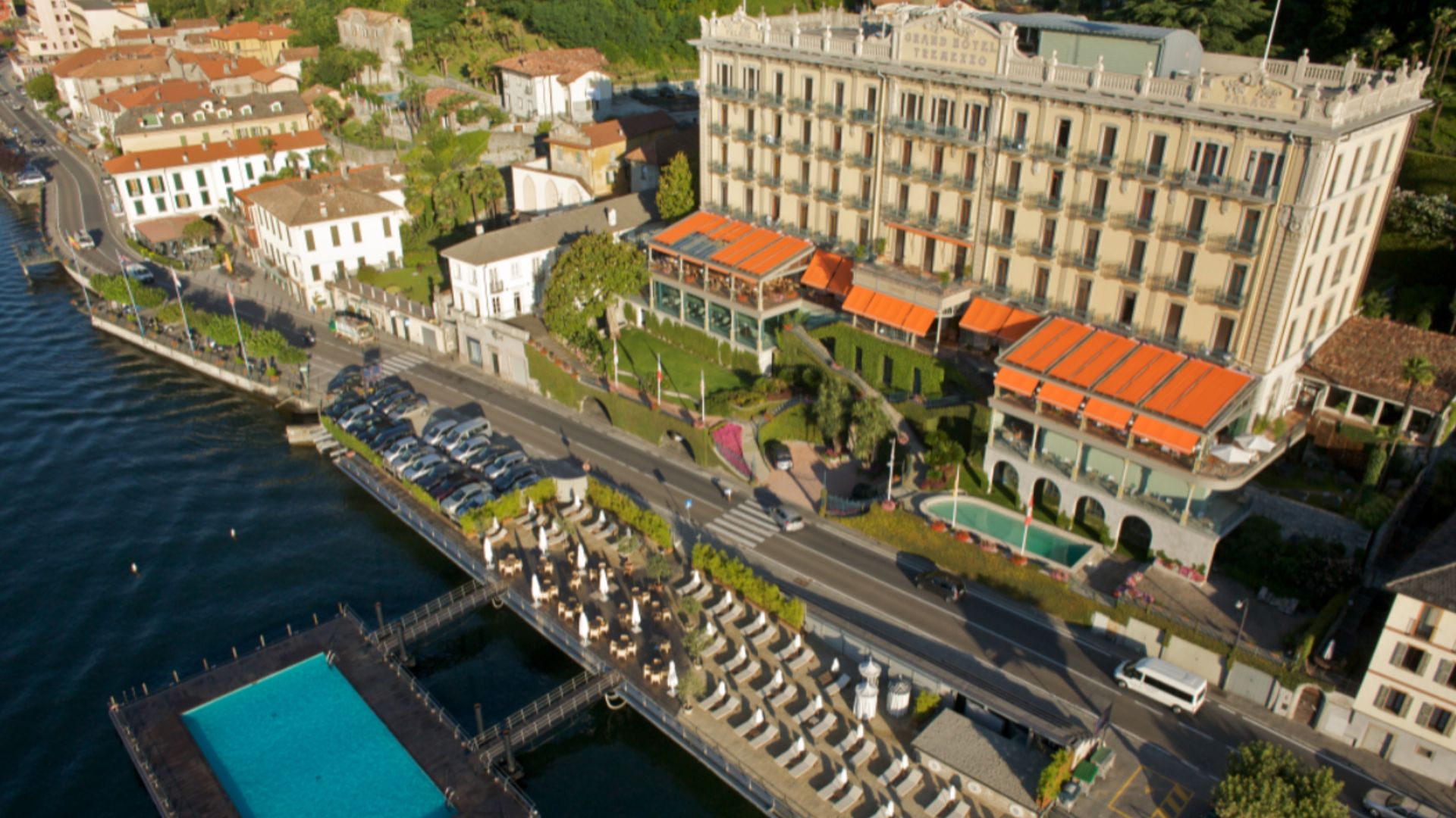 Aerial photo of the Grand Hotel Tremezzo taken by a fly-cam