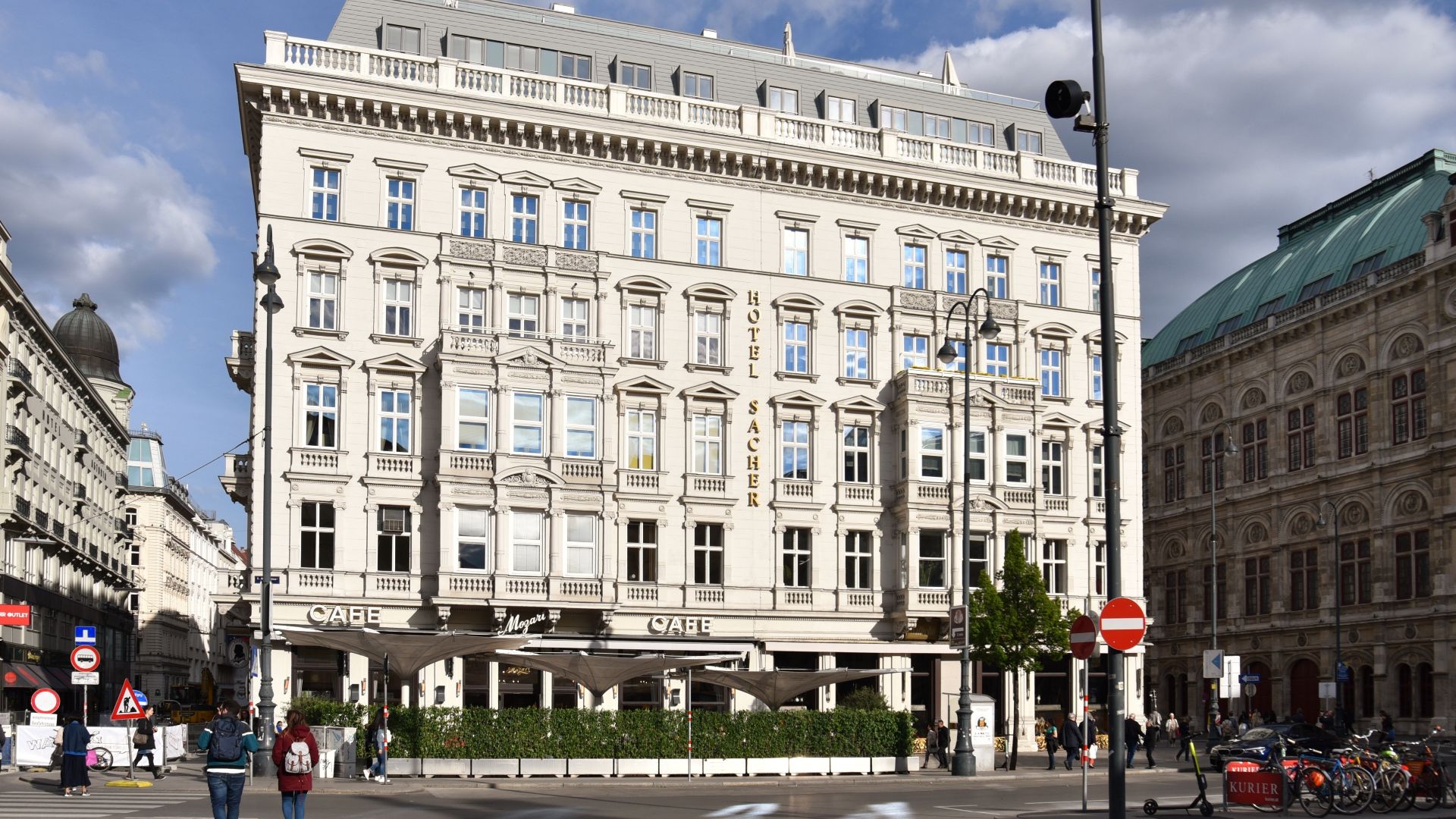 View of the Hotel Sacher, Vienna, from the Albertinaplatz, with the Café Mozart in and in front of the ground floor at left