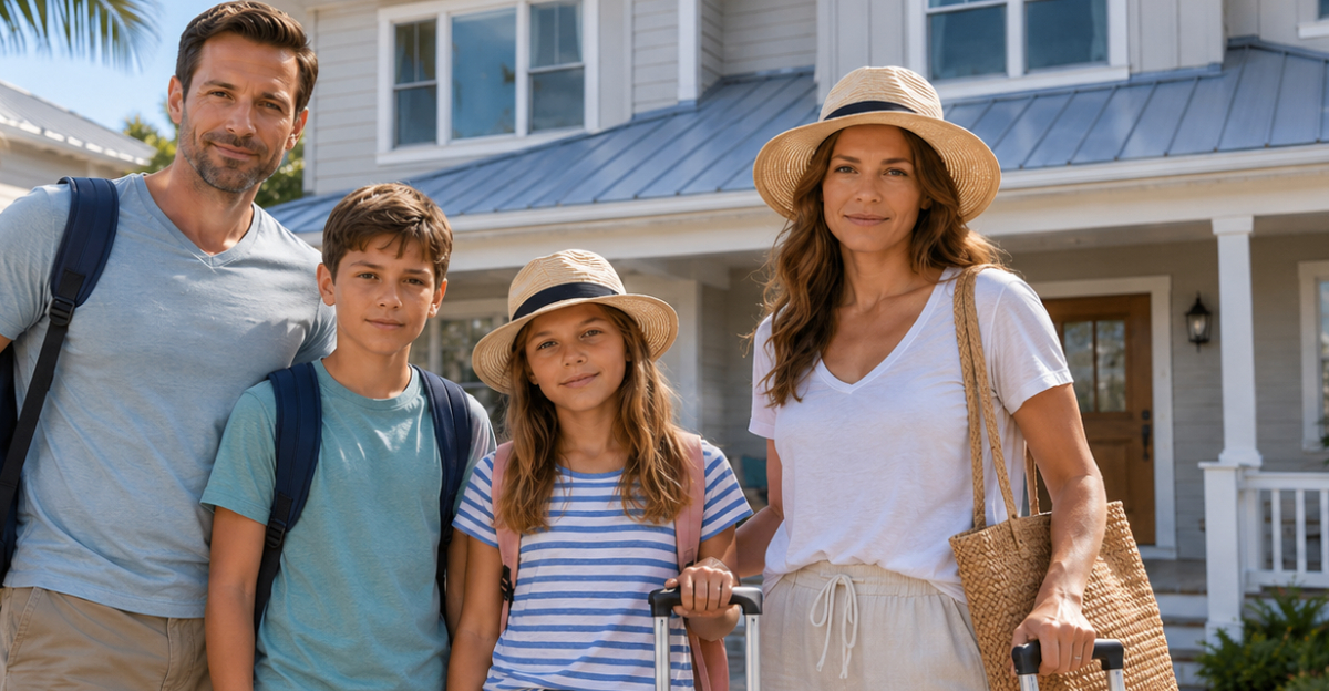 family in front of vacation rental