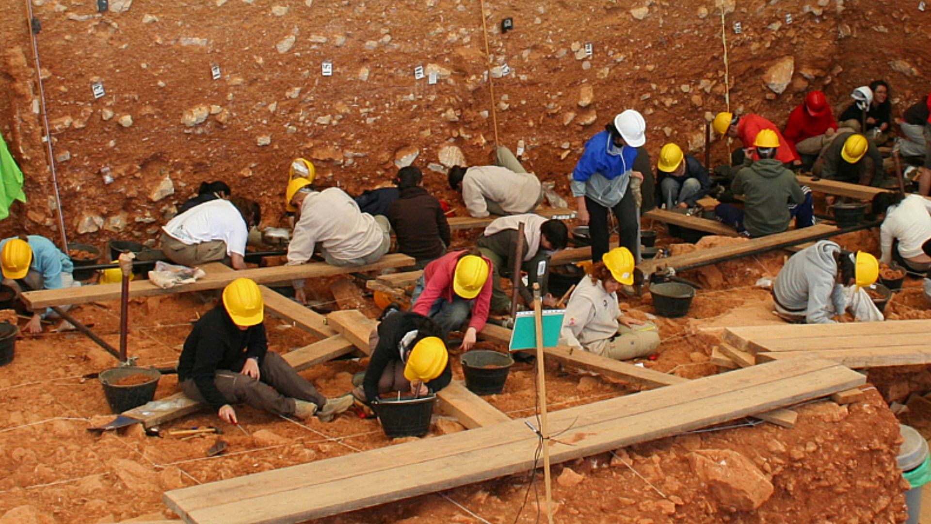 Excavations at the site of Gran Dolina, in Atapuerca (Spain), during 2008. Panoramic photography formed using 3 individual photographies with Hugin software. TD-10 archaeological level is being excavated where the most of the people are. It is a Homo heid